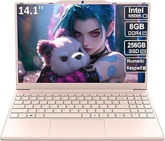 2025 New Portable Laptop,Student and Business,14" FHD IPS Display,N5095 Processor(Beats N4000/N4020),8GB DDR4 RAM,256GB PCIe SSD,Numeric Keypad,2.4/5G WiFi,38WH Battery,Webcam,Mini HDMI,USB(Pink)