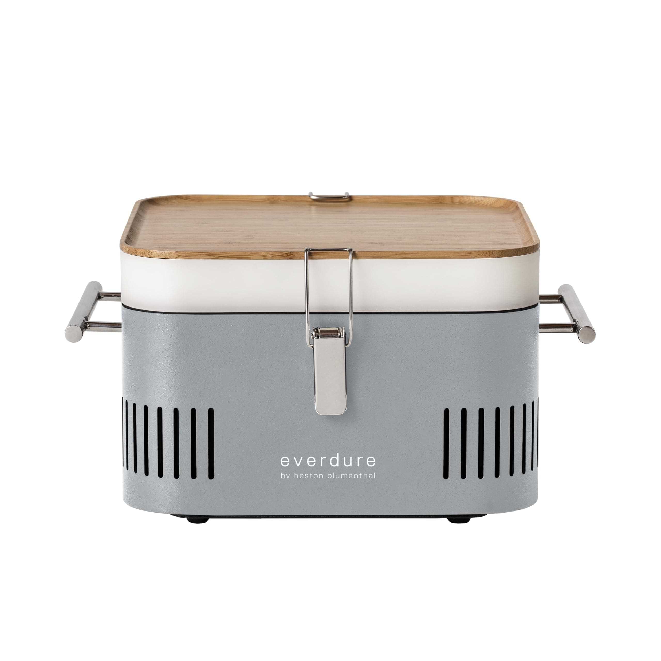 by Heston Blumenthal Cube Portable Charcoal BBQ Grill – Compact Travel Barbecue with Bamboo Tray, Chrome Rack, Porcelain Enamel Firebox & Cool Touch Handles – Outdoor Camping BBQ in Stone