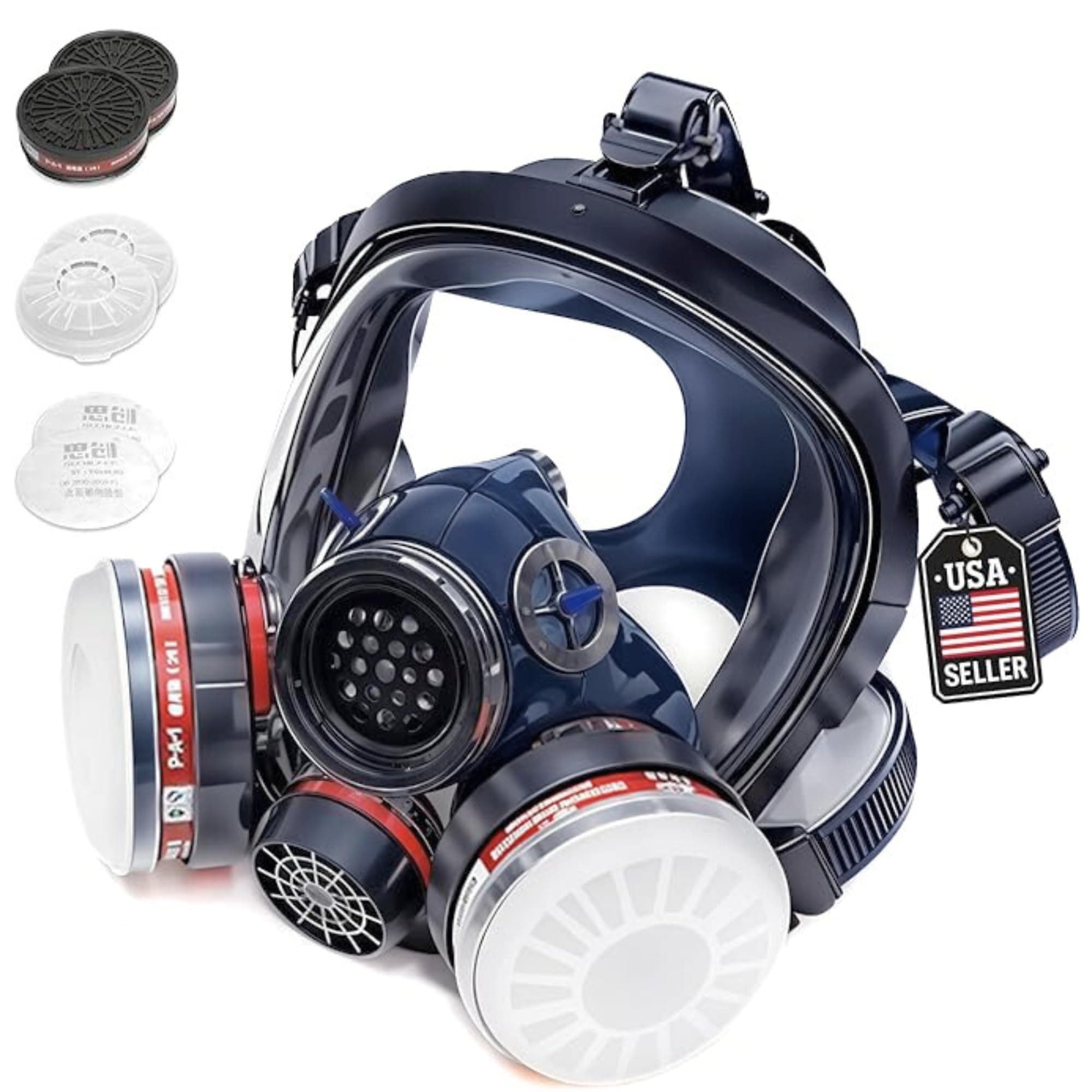 Full Face Organic Vapor Respirator - Protective Eye & Nose Shield with Anti-Fog Heavy Duty Lens & Adjustable - Chemical, & Particulate Respirator. Includes 2 Filter Cartridges - Industrial Grade