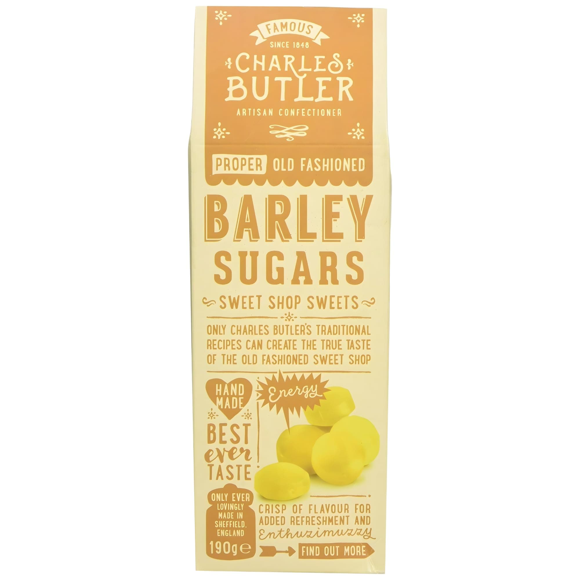 Charles Butler Barley Sugars 190g (6.7oz) | Handmade Old Fashioned Barley Sugar Candy Drops | Traditional British Hard Candy Gift Box | English Hard Boiled Sweets | Confectionery from England, UK
