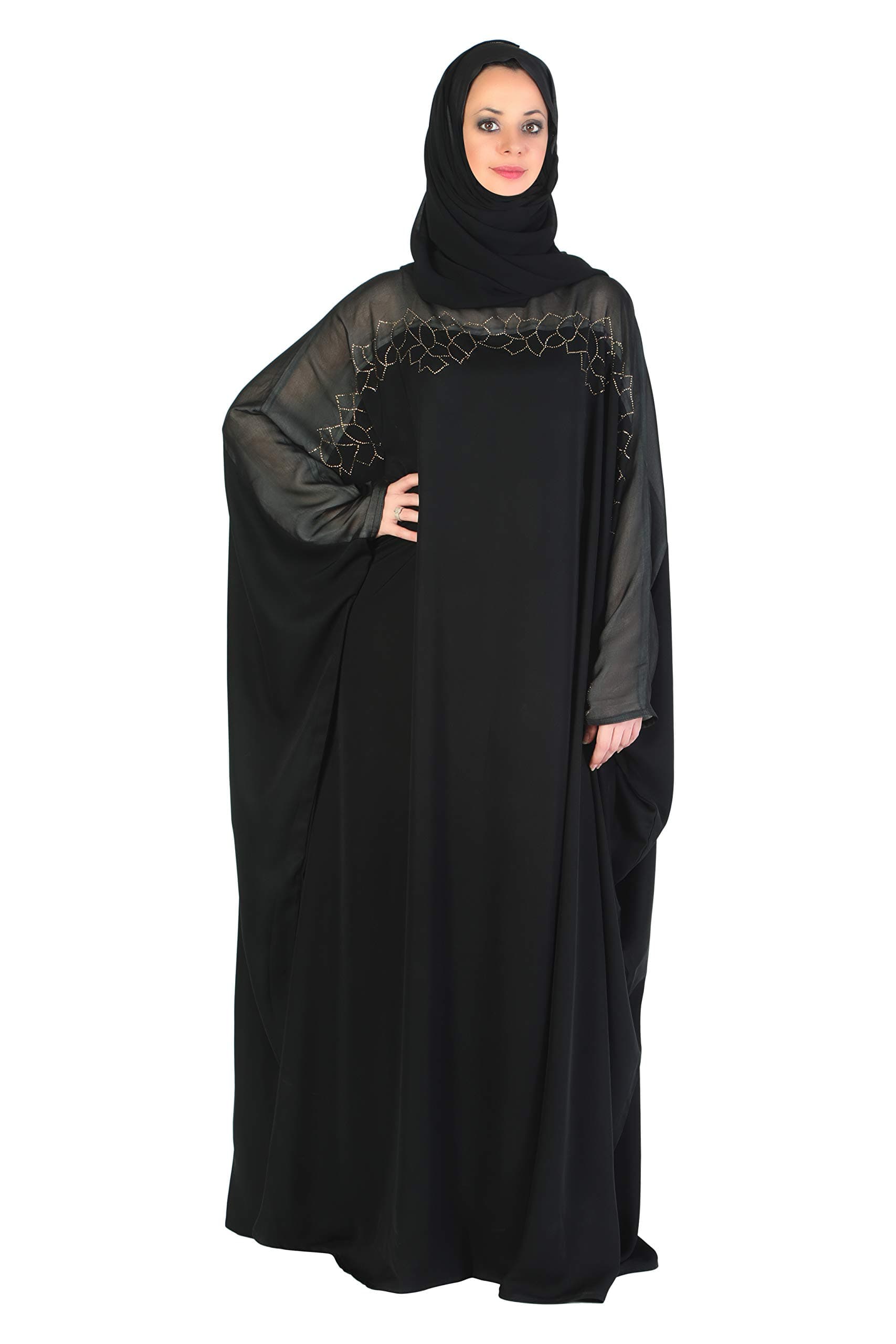 Sofias Abaya Women's Cystal Lycra Fabric Burqa Set (Ascm-013_Black_Free Size)