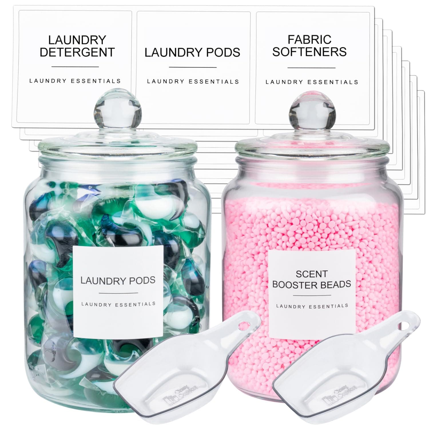 2-Pack Half Gallon Glass Storage Jars with Airtight Lids - Laundry Room Organization Containers with 21 Labels and 2 Scoops - For Laundry Detergent