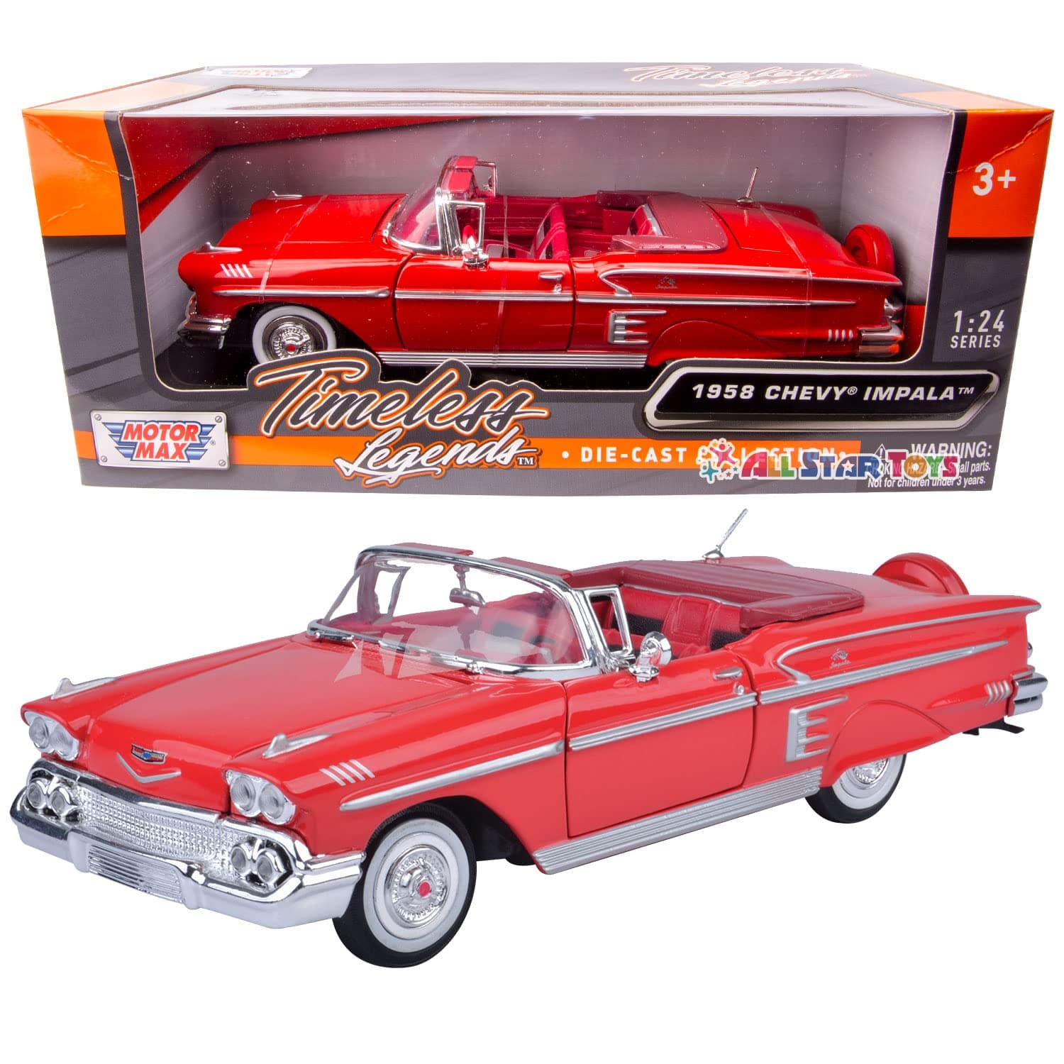 Motor Max 1958 Chevrolet Impala Convertible, Red - Premium American 73267 - 1/24 Scale Diecast Model Car