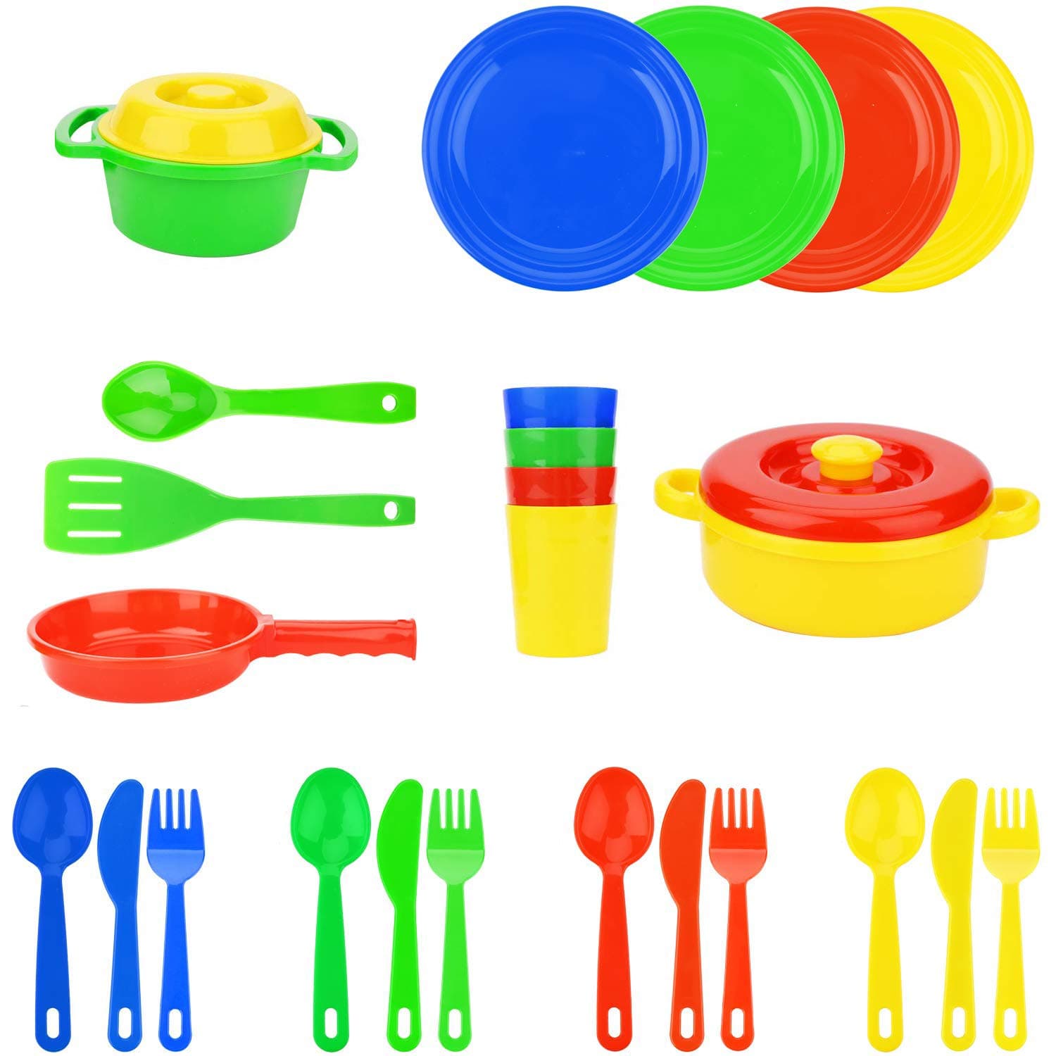 FLORMOON Play Dishes Set - 27pcs Durable Pretend Play Cooking Toys - Super Sturdy, BPA Free, Food Safe, Phthalate Free - Kid Dishes Kitchen Toys for Boys and Girls 2+ Years