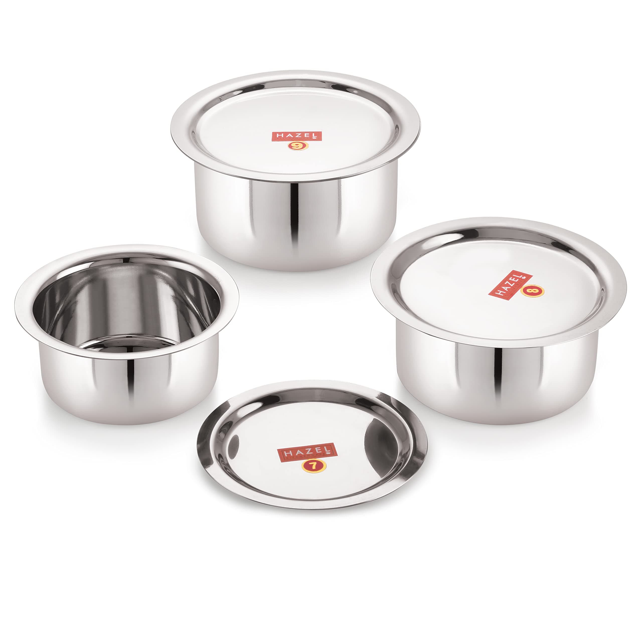 HAZEL Stainless Steel Tope with Lid, Set of 3 | Heavy Gauge Flat Bottom Patila with Lid Combo 300ml, 500ml & 700ml | Durable Boiling Pots for Milk, Tea & Daily Cooking – Silver