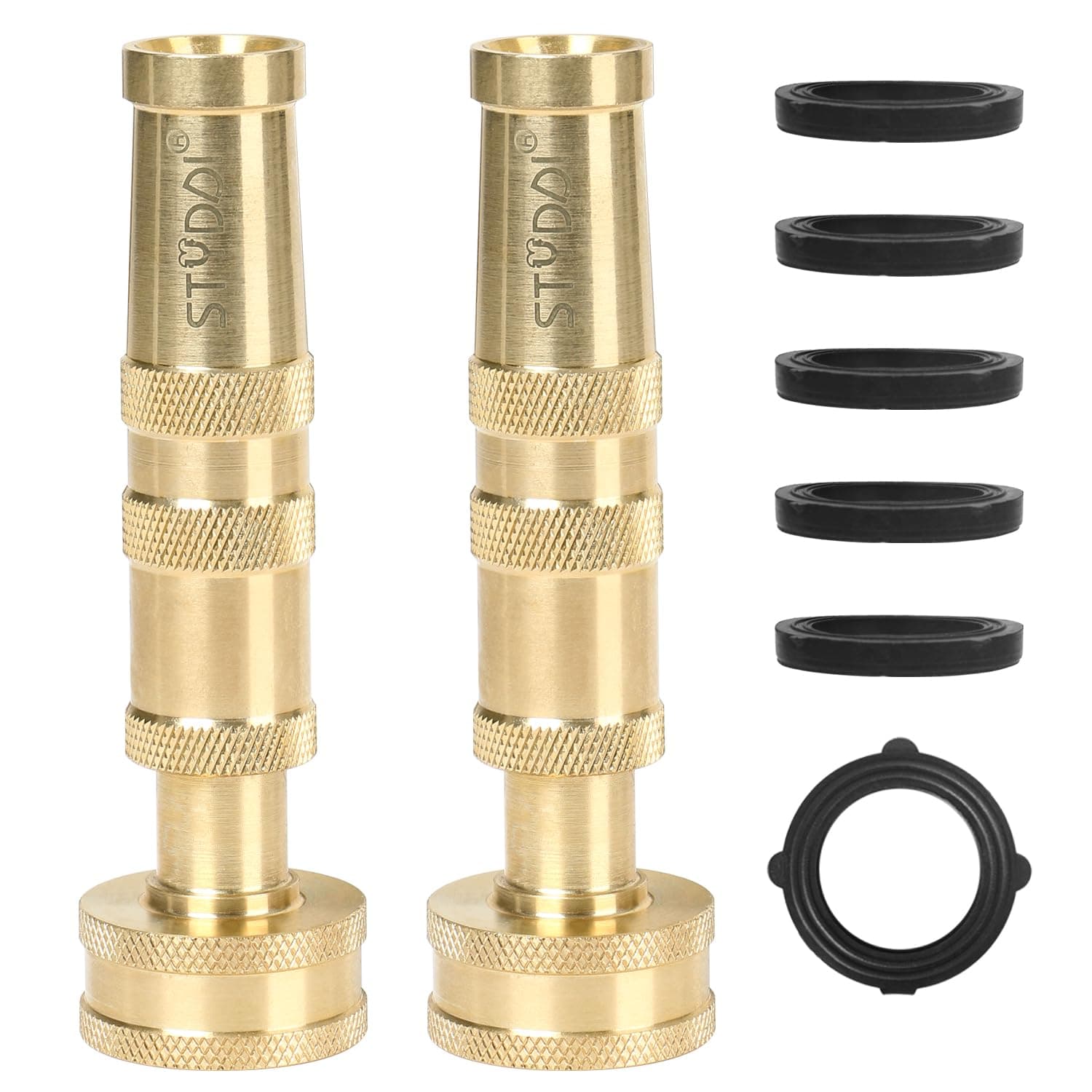 STYDDI Heavy Duty Brass Adjustable Hose Nozzle, 4" High Pressure Solid Brass Garden Hose Spray Nozzle with 6 Rubber Washers, Adjustable Twist Water Hose Nozzle, Adjustable Spray Patterns, 2 Pack