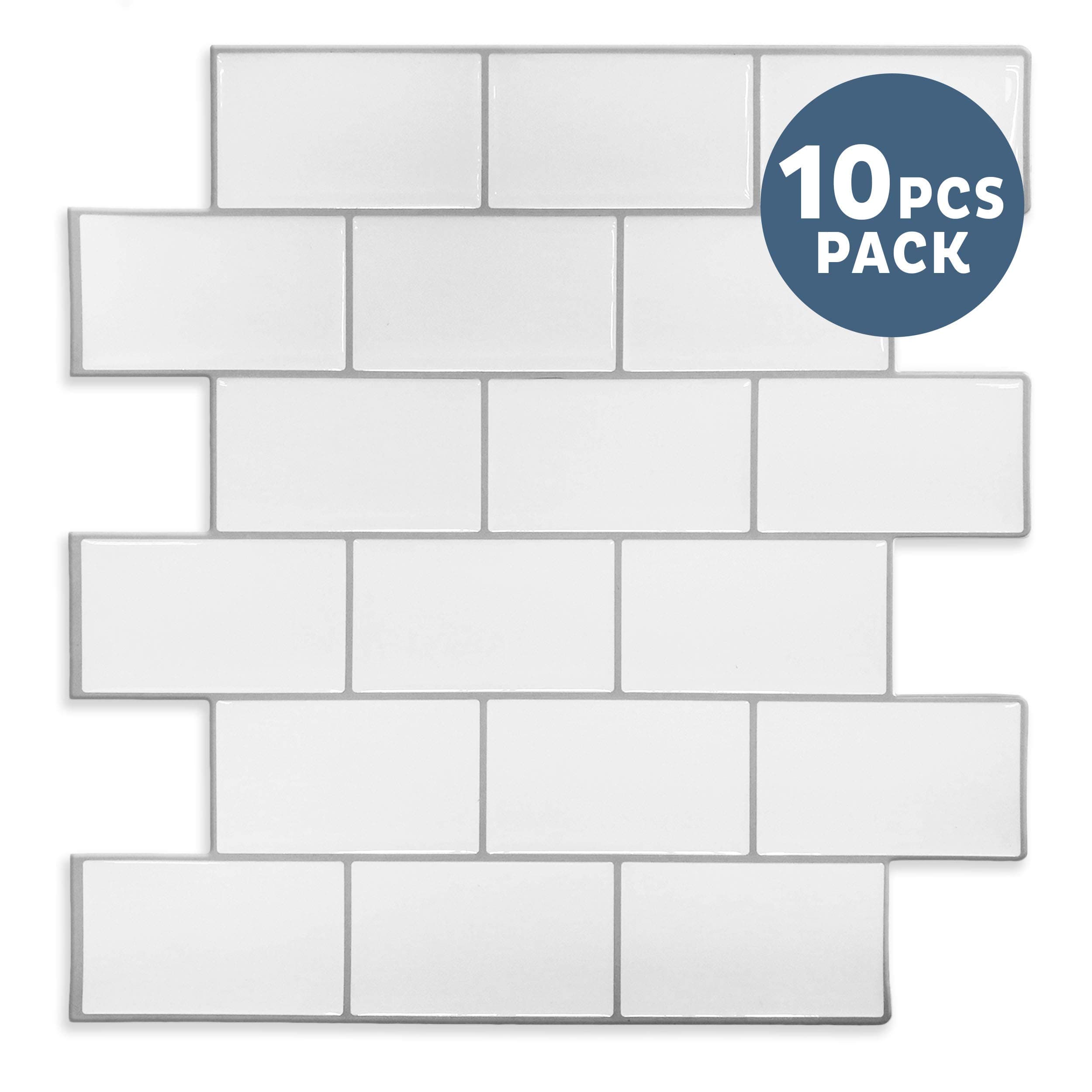 Peel and Stick Backsplash 10"x10" Removable 3D Subway Wall Tiles (Pack of 10), for Kitchen or Bathroom