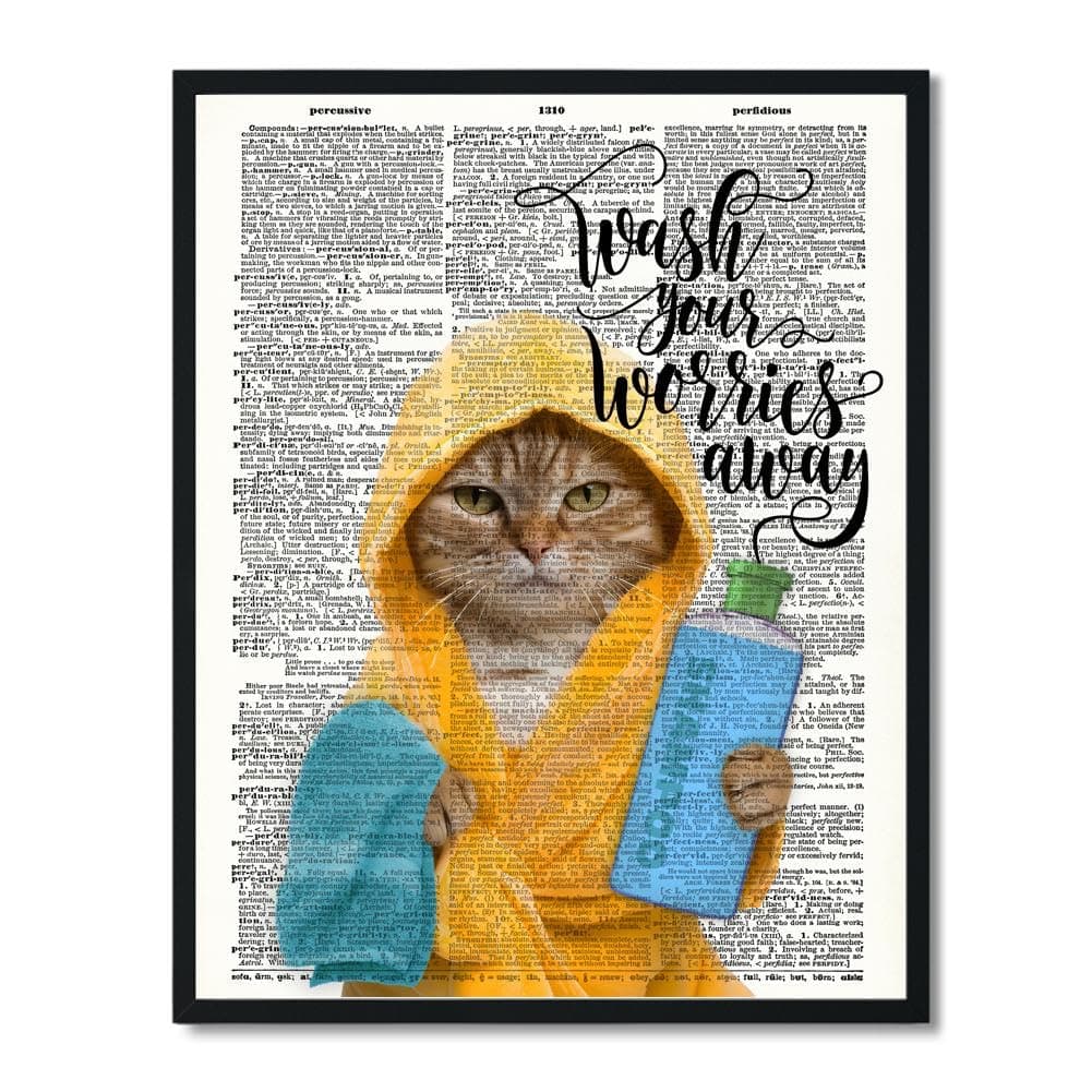 Susie Arts 8X10 Unframed Bathroom Quotes Wash Your Worries Away Cat Prints Upcycled Vintage Dictionary Art Print Book Art Print Home Decor Wall Art V199