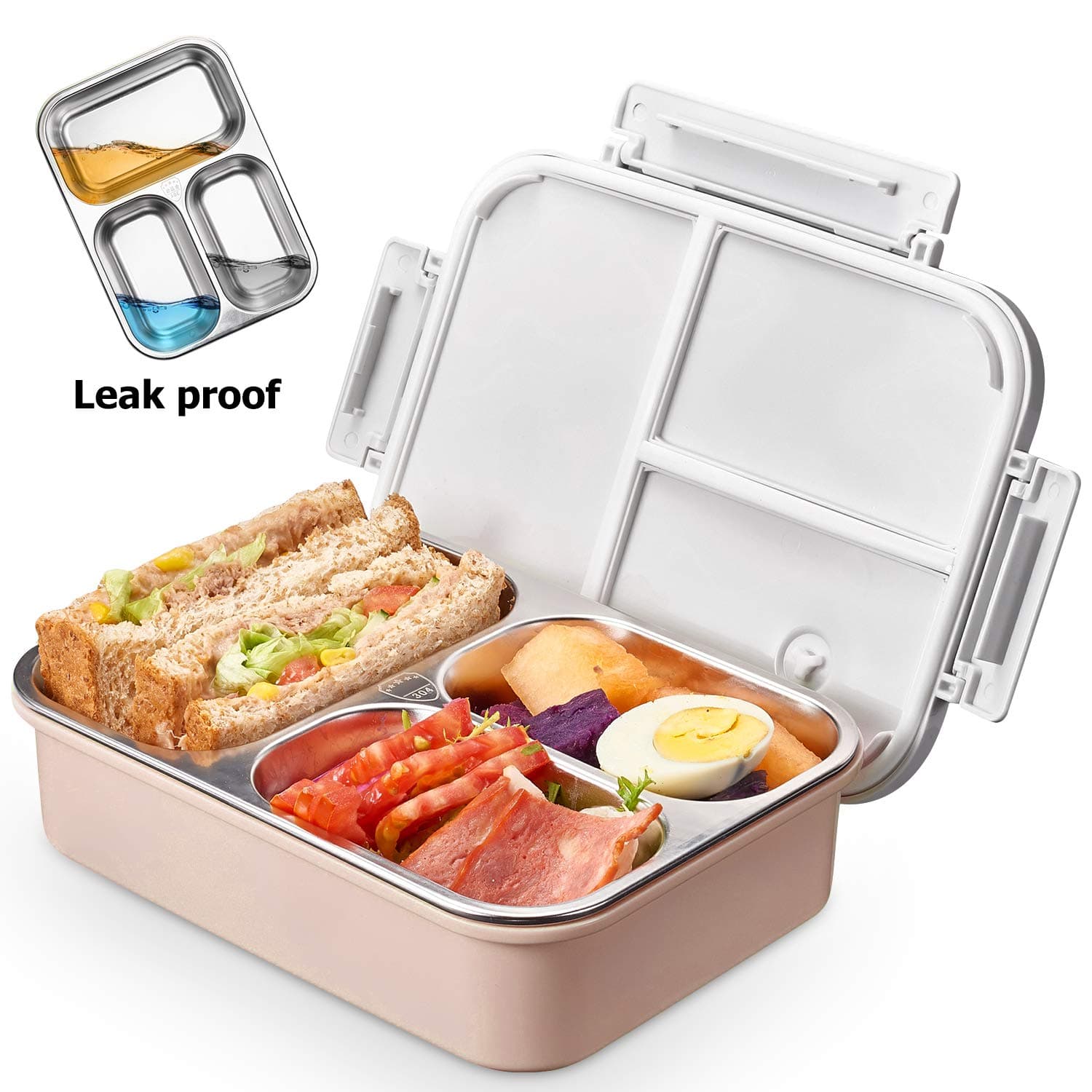 Stainless Steel Lunch Box - 2019 New & Improved Leak Proof, Versatile 3-Compartment Bento-Style Food Container - On-The-Go Meal and Snack - BPA-Free and Food-Safe Materials, Ideal for Kids &Teenagers