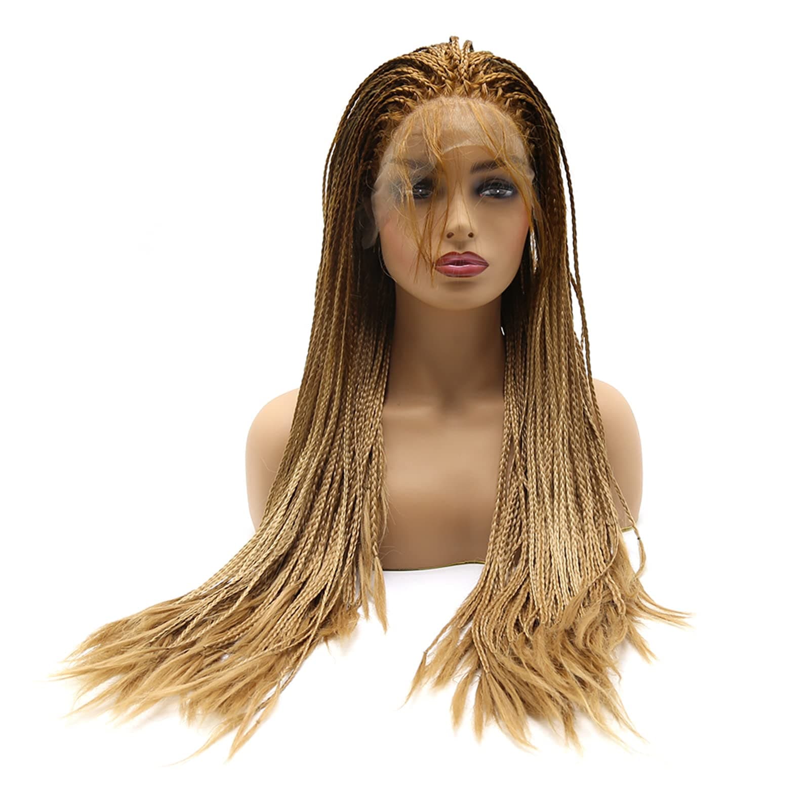 BTWTRY Micro Braided Lace Front Wigs Dark Roots Brown Ombre Honey Blonde Wig with Baby Hair Heat Resistant Fiber Synthetic Lace Front Braid Wig Box Braids Wig (24Inch, Brown/Honey Blonde)