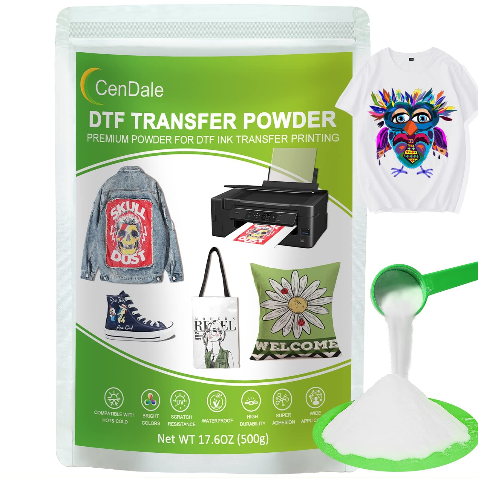 DTF Powder, 500g/17.6OZ White Hot Melt Adhesive Digital DTF Transfer Powder for Sublimation, Compatible with DTF and DTG Printers, DTF PreTreat Powder for All Fabric Jeans Cotton T-Shirt