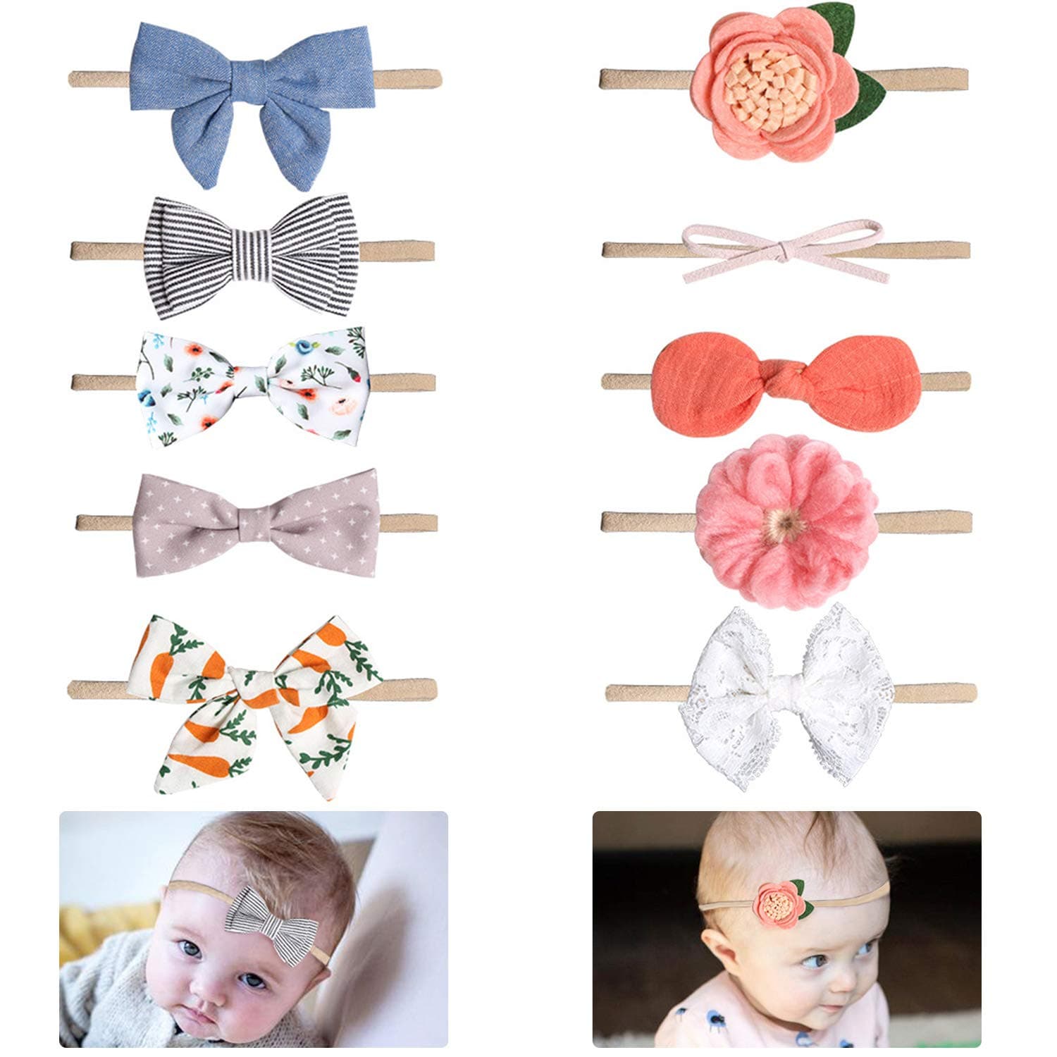 10 Packs Baby Headbands Bows Flower Lace Band Hair Accessories Baby Girl Nylon Turban Headwraps Infant Beanie Soft Cap