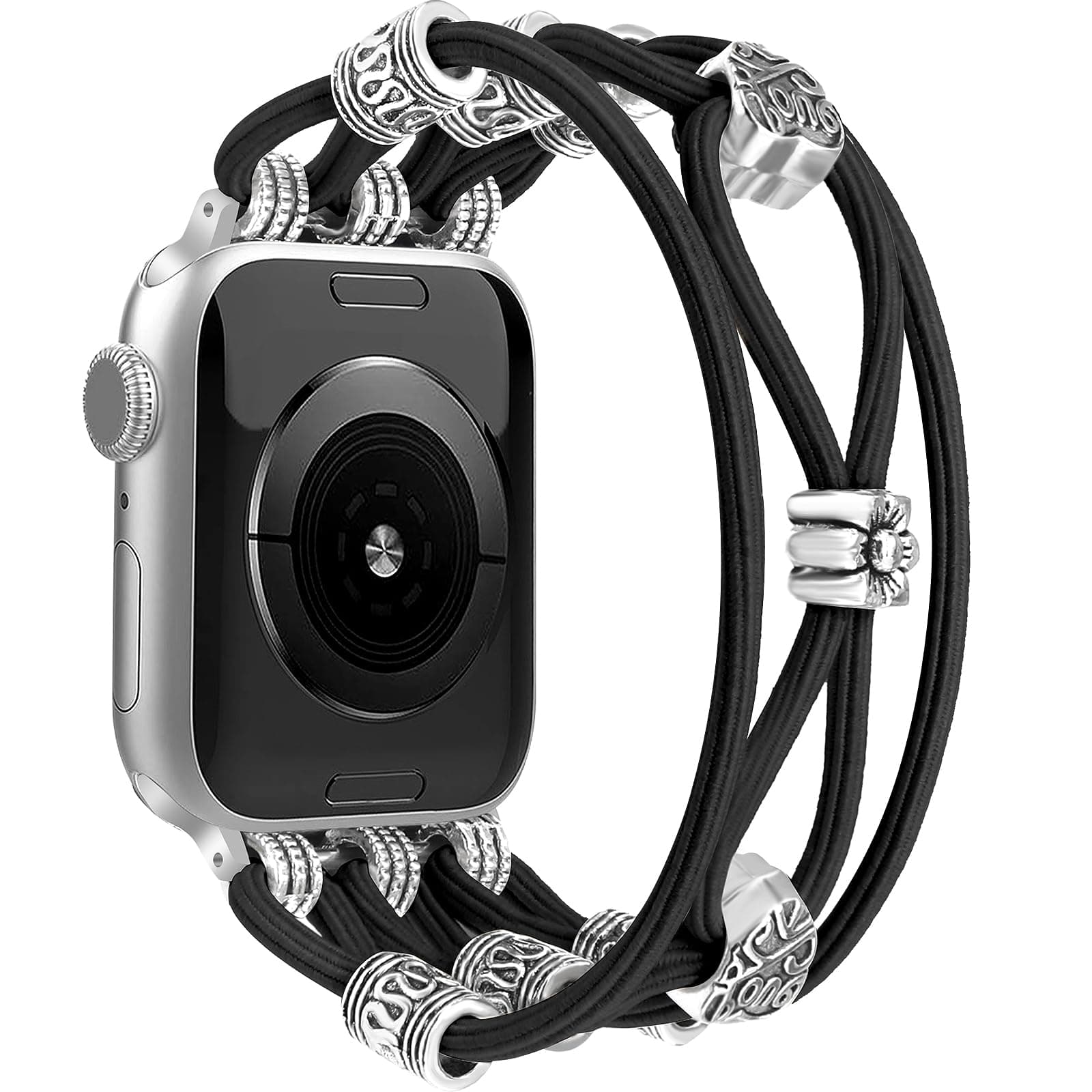 Newlibery Beaded Bracelet Compatible with Apple Watch Band 44mm 42mm 45mm 46mm Women, Boho Braided Solo Loop Nylon Strap Stretchy Dressy Band Replacement for iWatch Series 10/9/8/SE/7/6/5/4/3/2/1