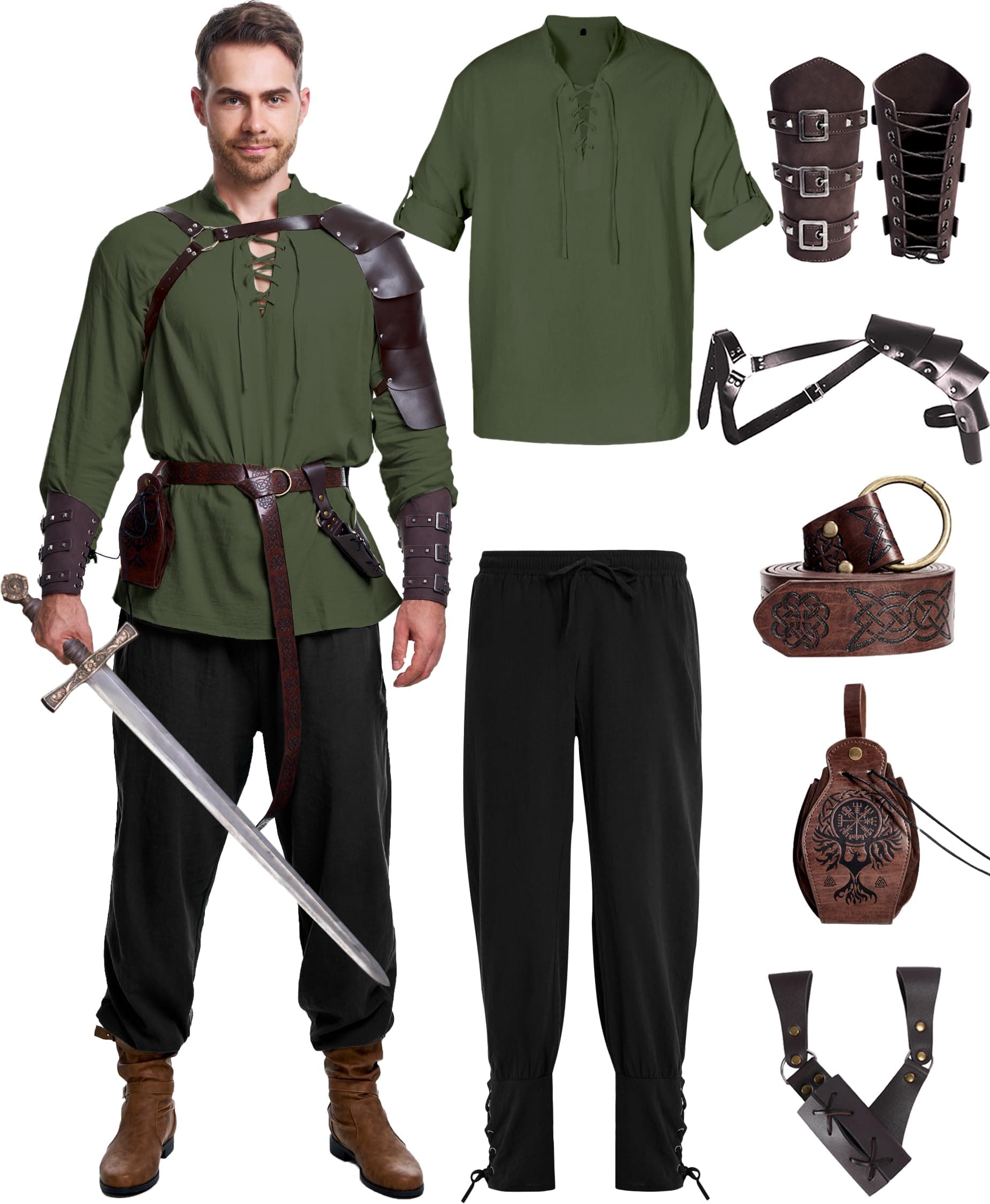 8 Pcs Men's Renaissance Costume Halloween Medieval Pirate Shirt Pant Viking Costume Accessories Set