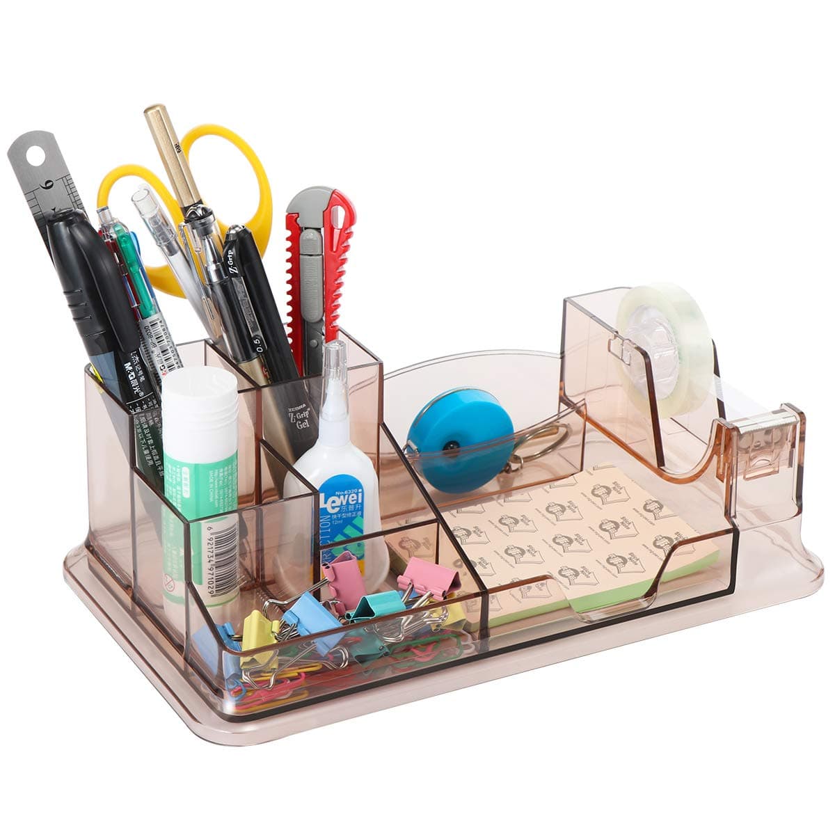 URbantin Desk Organizer, Pencil Holder Pen Holders, Acrylic Office Desk Supplies Organizer Caddy with Tape Dispenser (Brown)