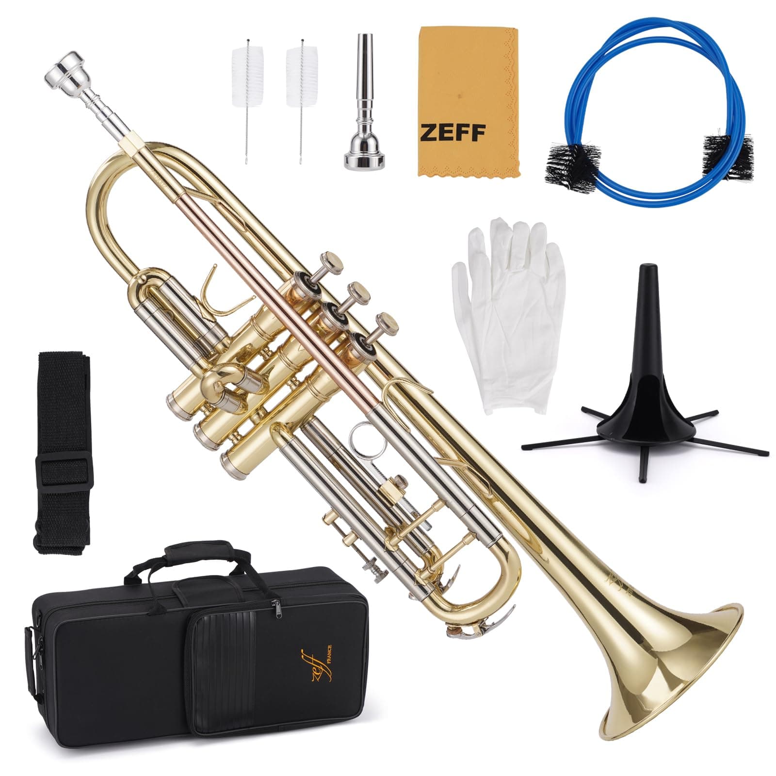 ZEFF Bb Standard Trumpet for Beginners,Trumpet for Student with Hard Case,7C Mouthpiece,Cleaning Cloth,Gloves,Brass Musical Instruments for Kids and Adults,White Brass Pitch Pipe