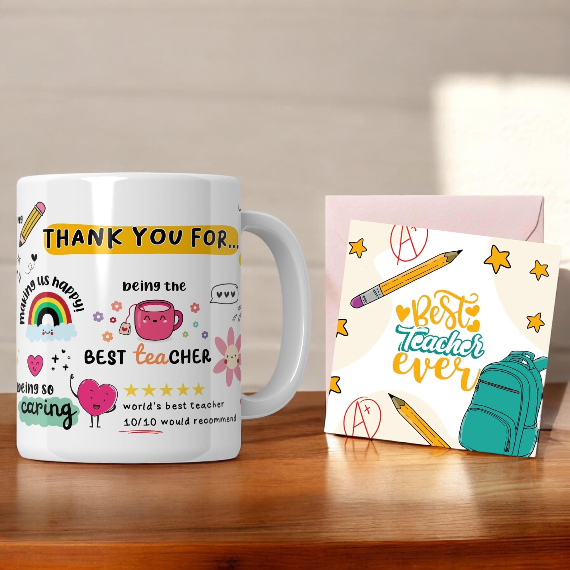 Thank You Teacher Doodle Mug with Greeting Card, Appreciation Mug with Lovely Messages/Gift for Teacher's Day, Birthday or Any Special Ocassions