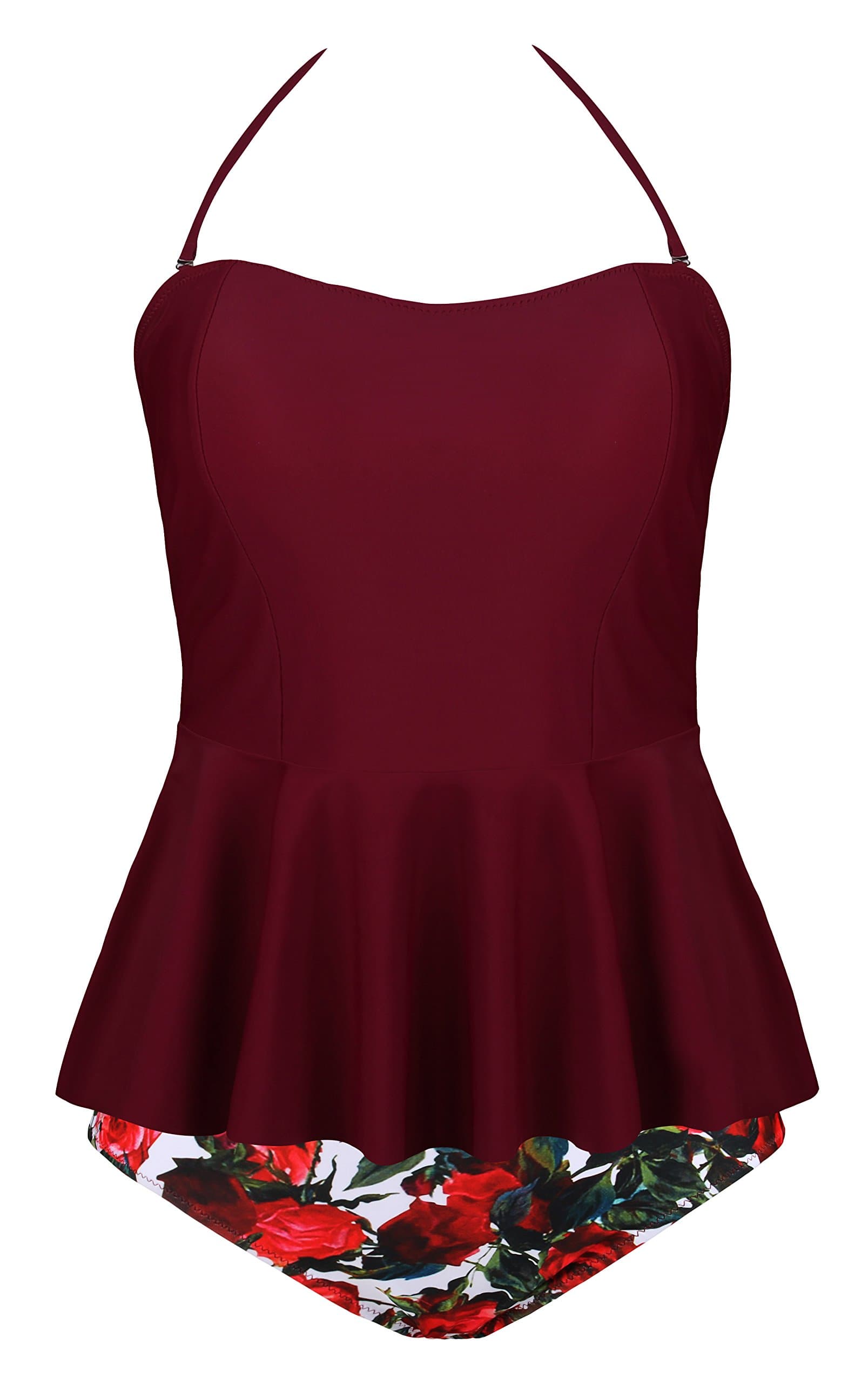 Tummy Control Tankini Push Up Falbala High Waisted Swimsuit Two Piece Peplum Retro Swimwear for Women Plus Size,Wind Red