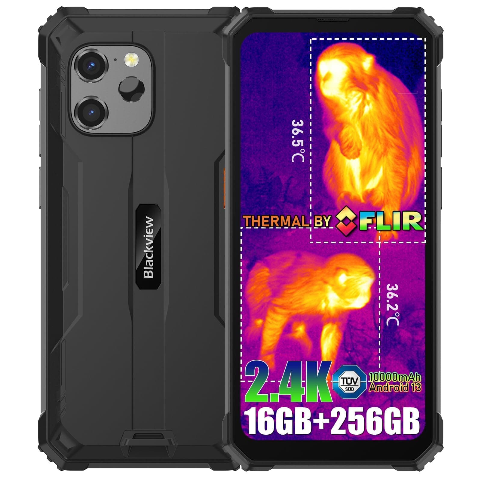 Blackview BV8900 Rugged Smartphone Android 13, 4 FLIR Times Thermal Imaging, 64MP+16MP Anti-shake Camera, 16GB+256GB, 10000mAh 33W Fast Charge Rugged Phone, 6.5" FHD+ 2.4K Resolution, USB3.0, NFC