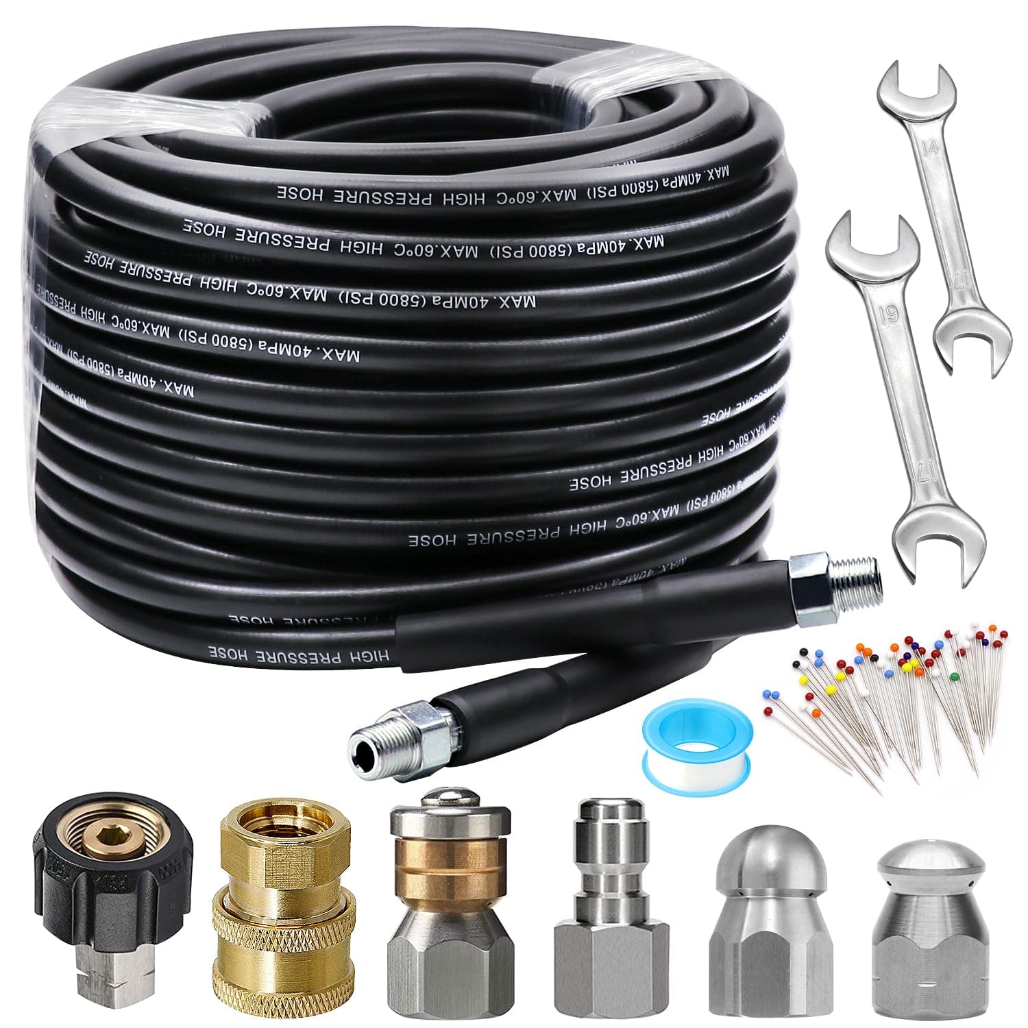 Sewer Jetter Kit 100FT for Pressure Washer, 5800PSI Drain Cleaner Hose 1/4 Inch NPT Corner Rotating and Button Nose Sewer Jetting Nozzle Spanner Waterproof Tape Pearl Corsage Pin, Black