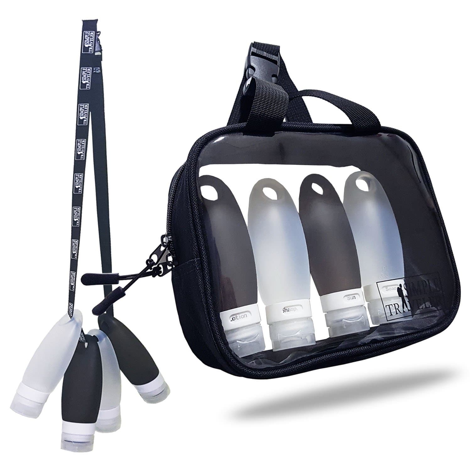 TSA approved Toiletry Bag Squeezable Silicone Travel Bottles Set | Clear Leak Proof Refillable Containers for Liquids (BPA Free, 3.3 OZ) | Toothbrush covers with Hanging Strap | Quart Sized Air Carry-