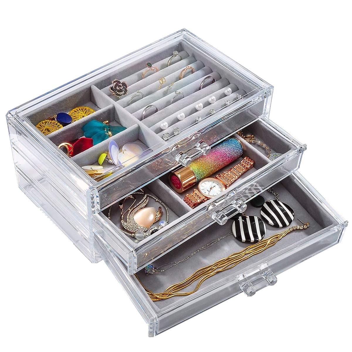 Jewelry Box - 3 Layer - Buckle Snap & Magnet Closure - Large Mirror - Leather Design - Black - Jewelry Organizer for Women & Girls - Holder for Earring Ring Necklace & Bracelet