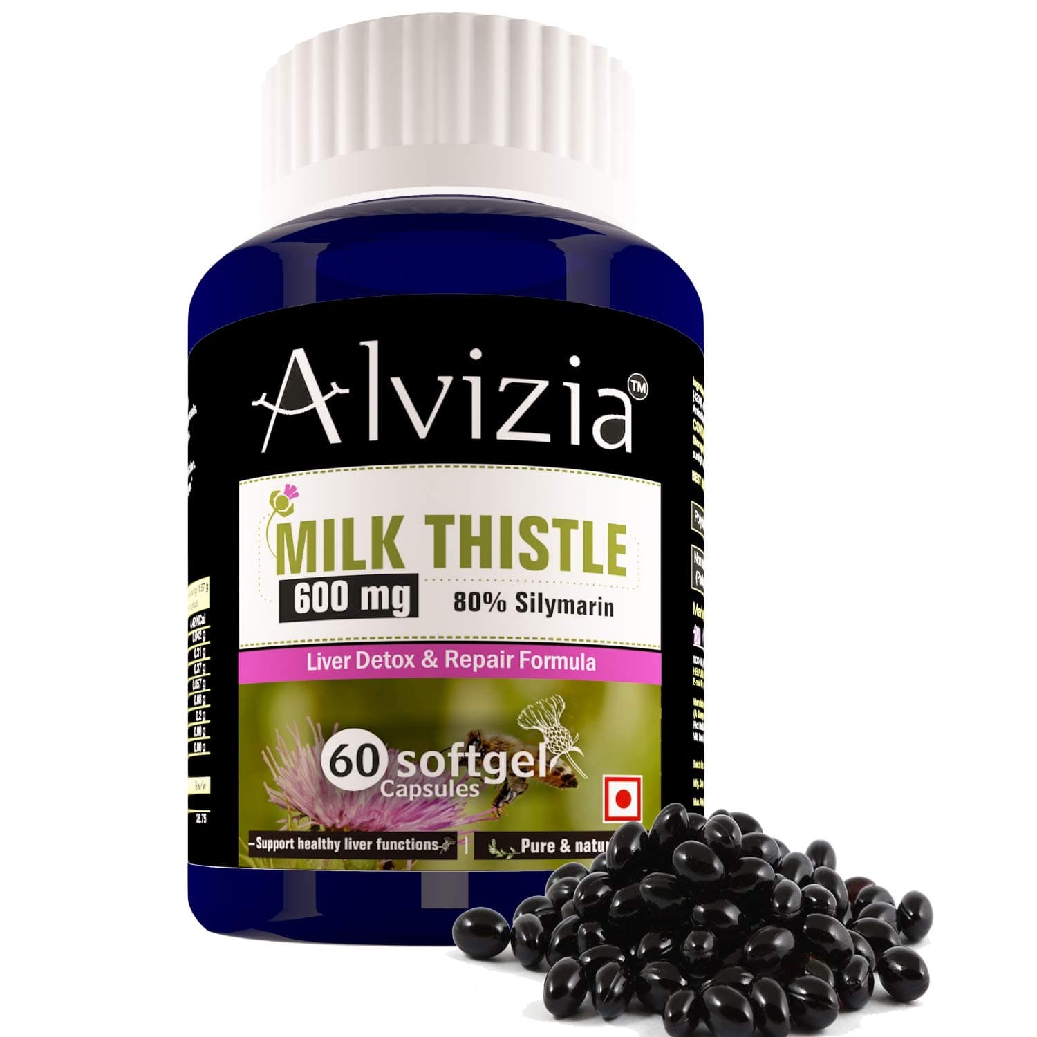 Alvizia Milk Thistle 600 Mg With 80% Silymarin (60 Softgel Capsules, 2 Month Supply) For Liver Support.