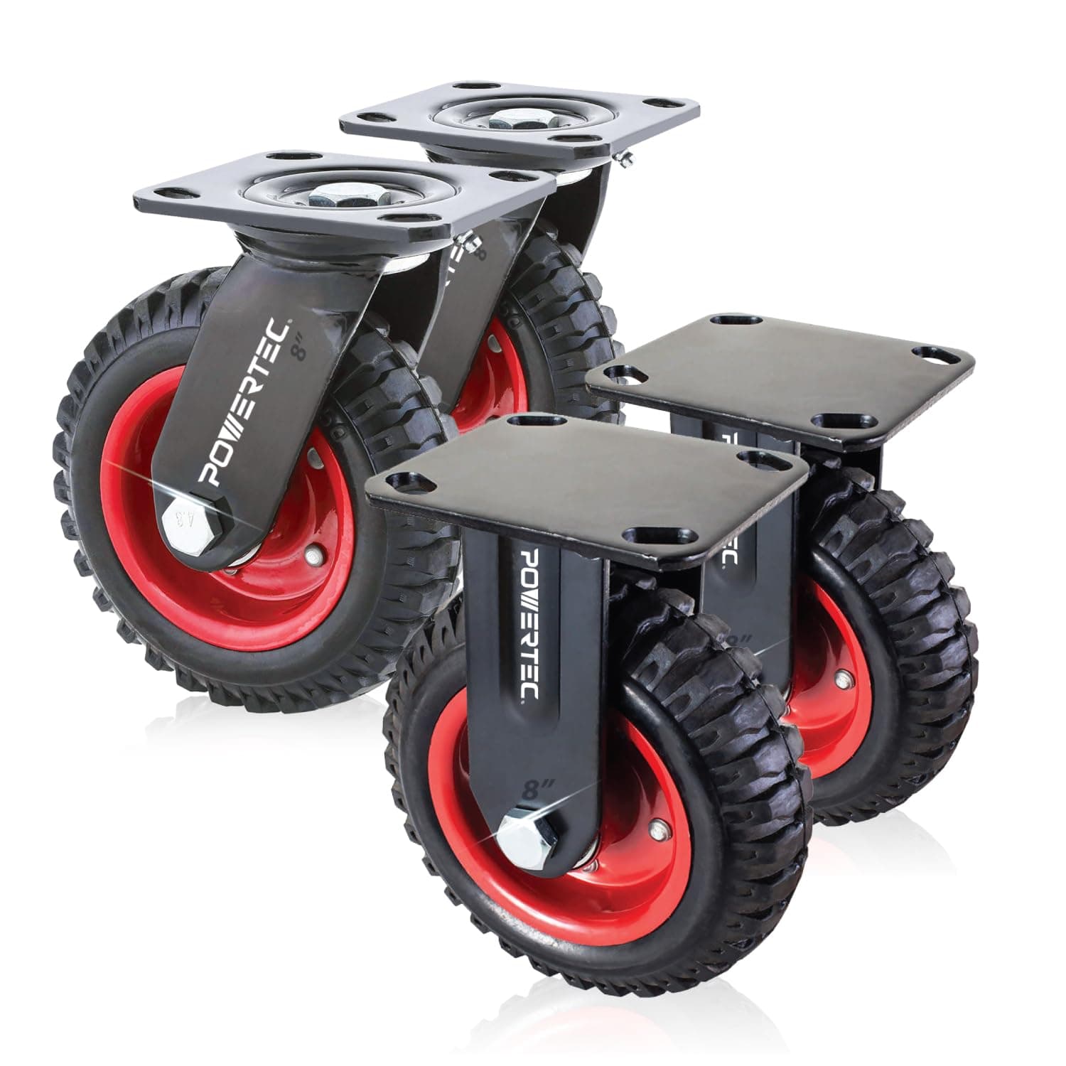 POWERTEC 8 Inch Caster Wheels Set of 4 (2 Swivel & 2 Fixed), Heavy Duty Casters w/Rubber Knobby Tread for Workbench, Dolly, Cart, Trolley, Wagon, Toolbox and Chicken Coop, Large Castor Wheels (17055W)