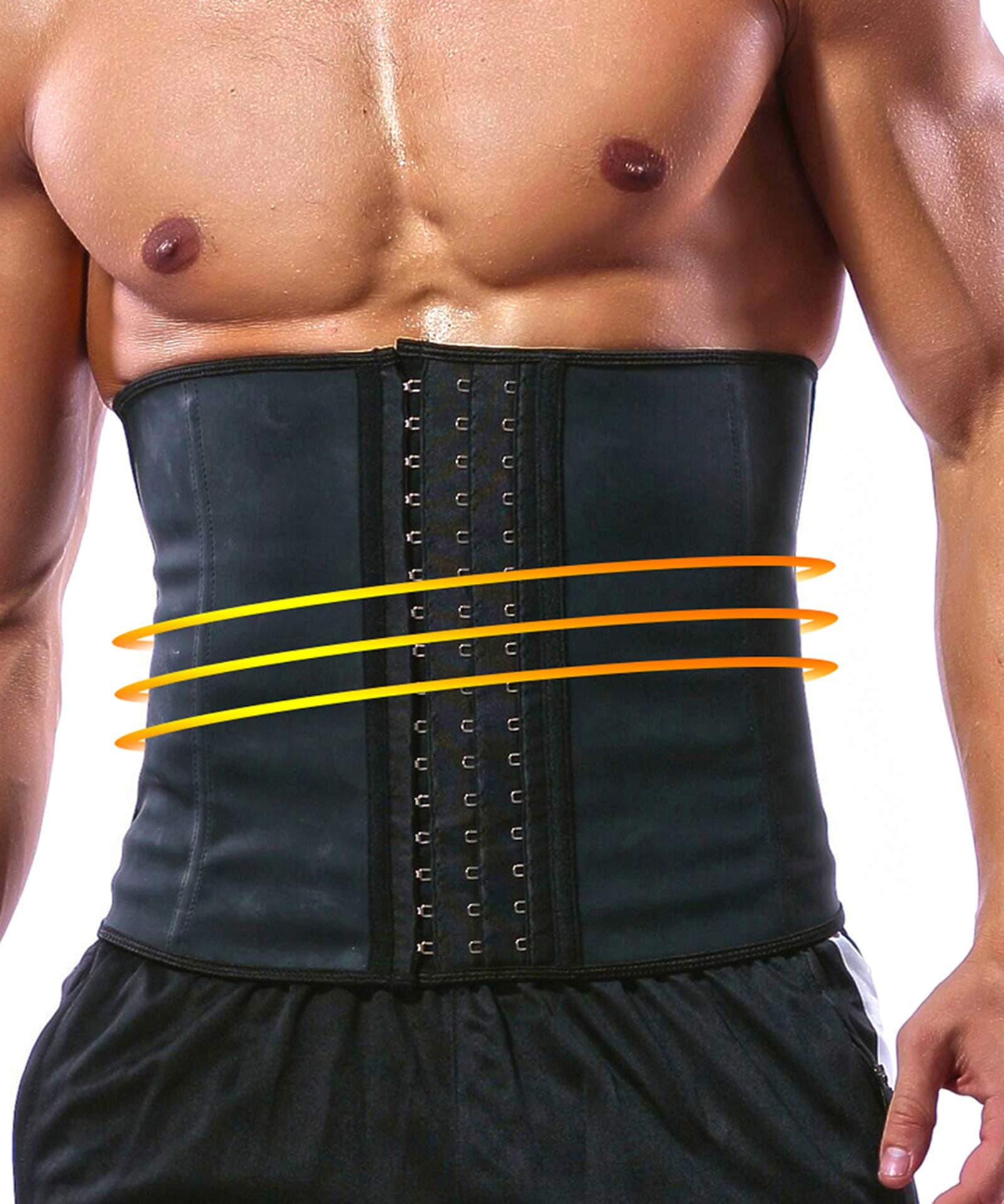 (Medium, Black) - 100% Latex Men Waist Trainer Corsets with Steel Bone Sweat Belt Sauna Suit for Fitness
