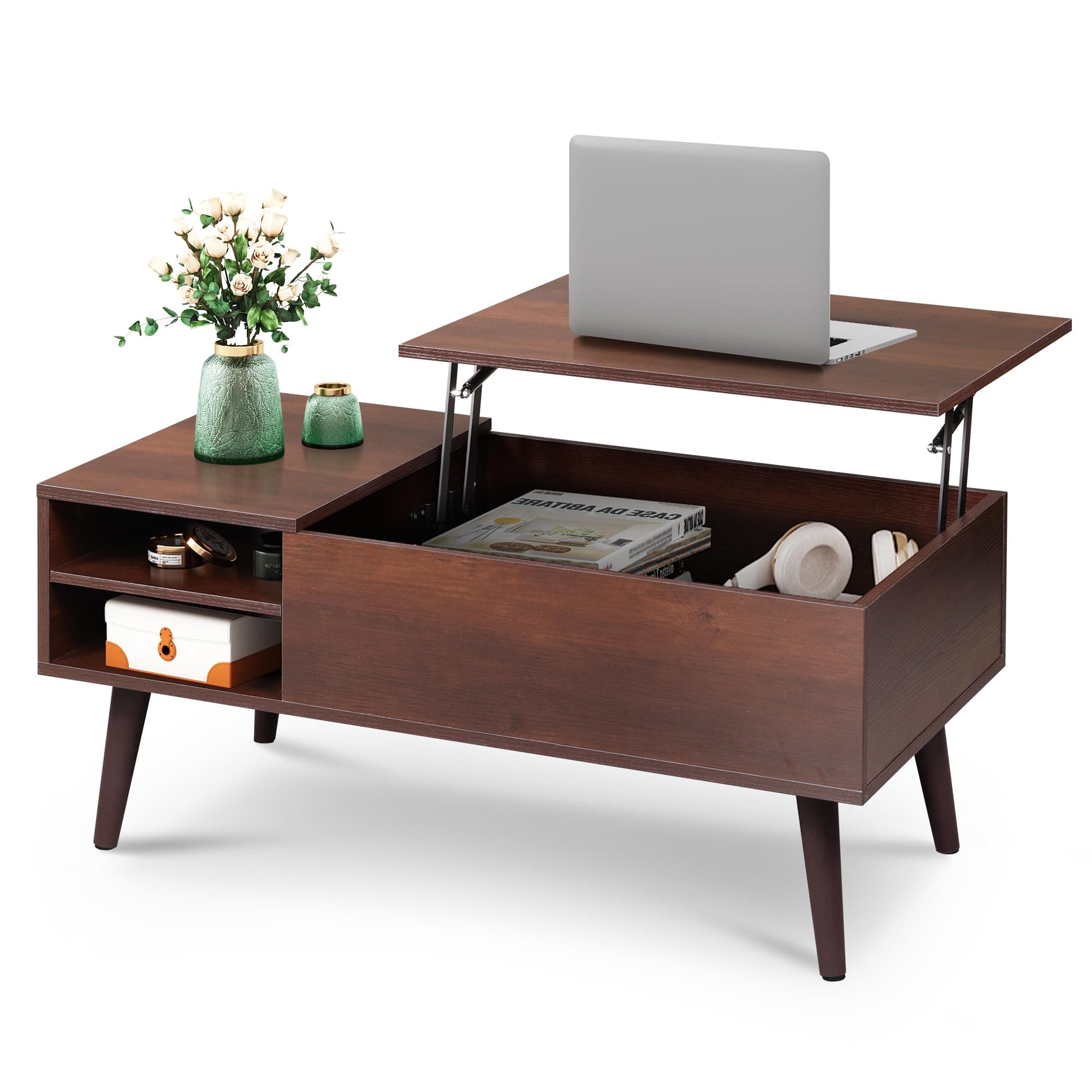 WLIVE Lift Top Coffee Table for Living Room,Small Coffee Table with Storage,Hidden Compartment and Adjustable Shelf,Mid Century Modern, Wood,Cherry,Espresso.