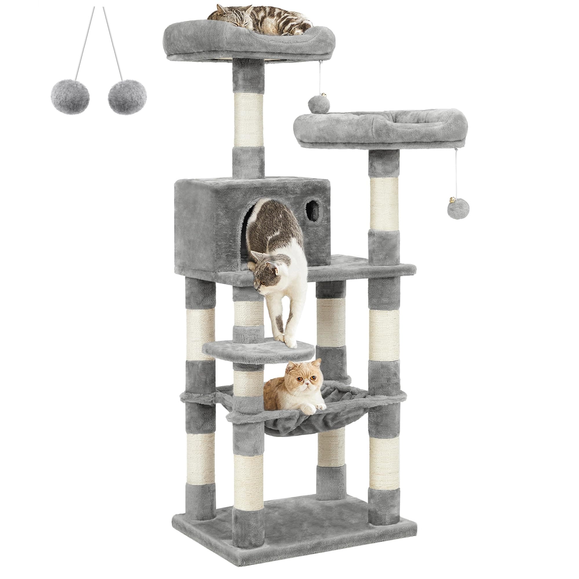 FEANDREA Cat Tree, Stable Cat Tower, 2 Plush Perches, 143cm, Light Grey PCT15W