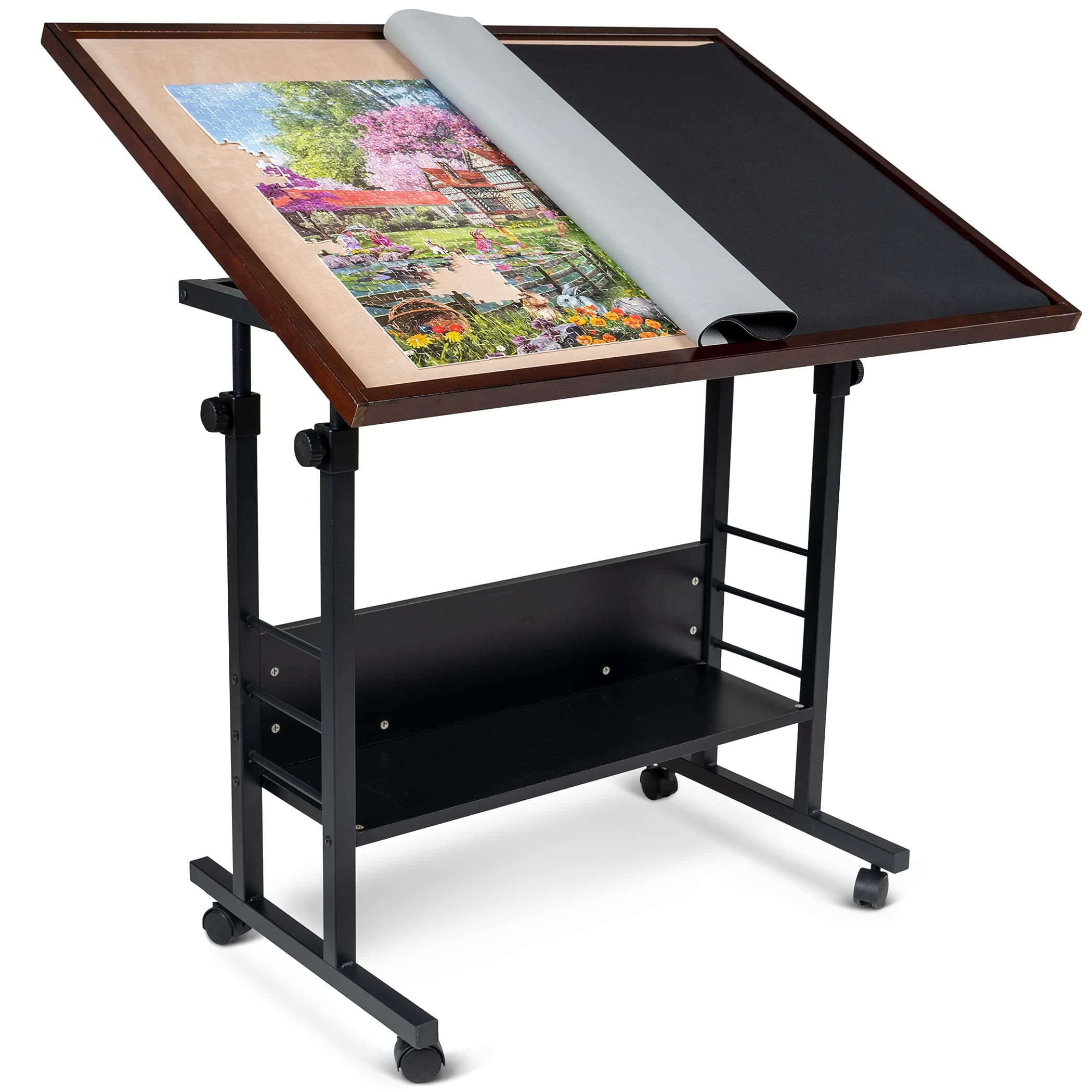 1500 Piece Tilting Puzzle Table with Cover Mat, Puzzle Board with 5 Tilt Angle & Height Adjustment, Portable & Movable Tables with Legs & Storage for Adults, for 1500 Piece Jigsaw Puzzles