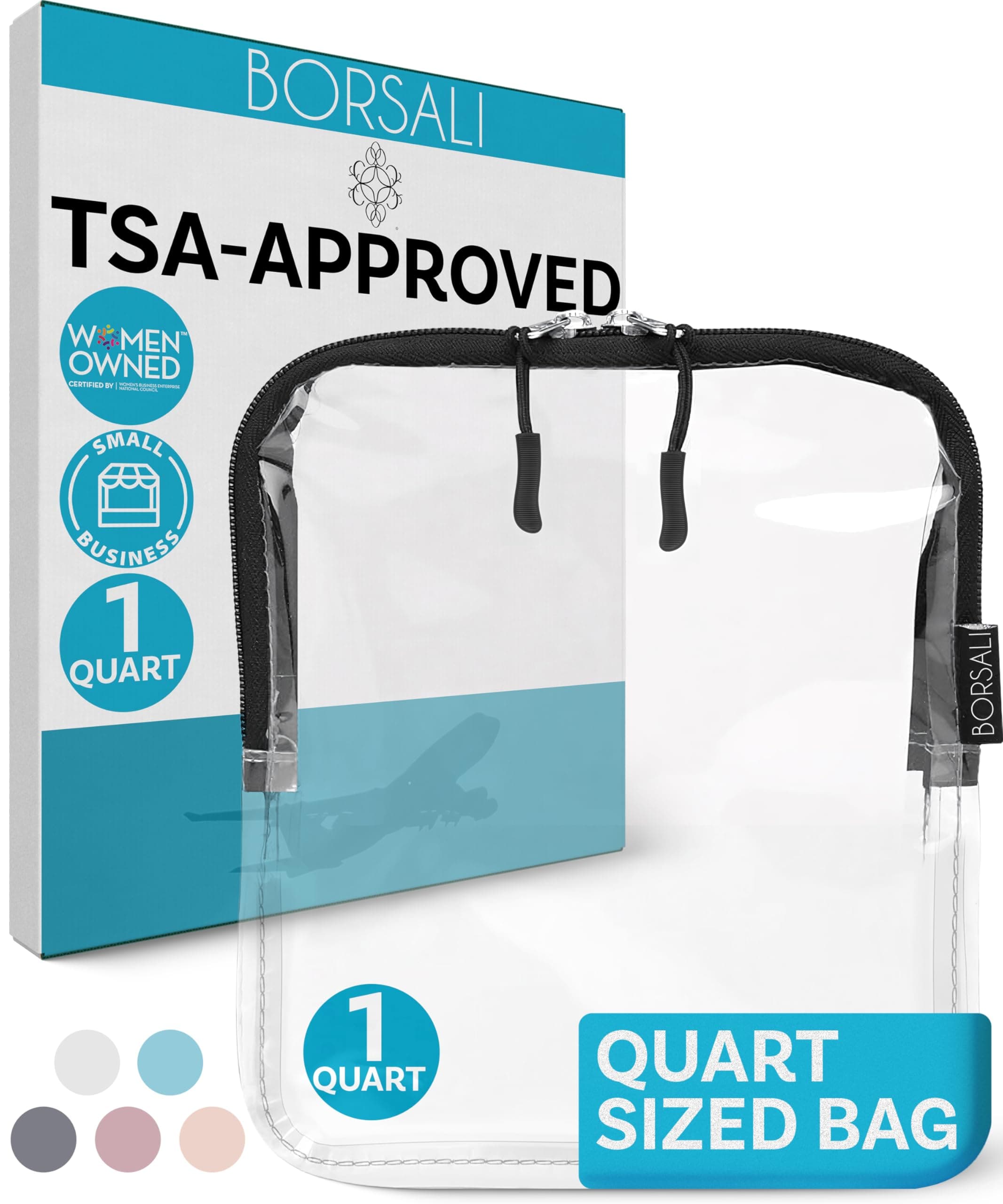 BORSALI TSA Approved Toiletry Bag - Clear Quart Size for 3-1-1 LIquids for Carry On Travel - Toiletries Organizer - Cosmetic Pouch with Zipper - Travel Accessories