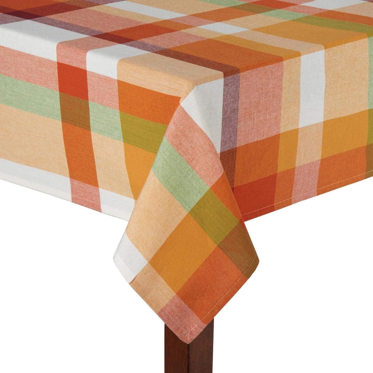 Autumn Harvest Modern Fall Plaid Orange and Red Thanksgiving Jacquard Cotton Fabric Tablecloth (52" x 52" Square)