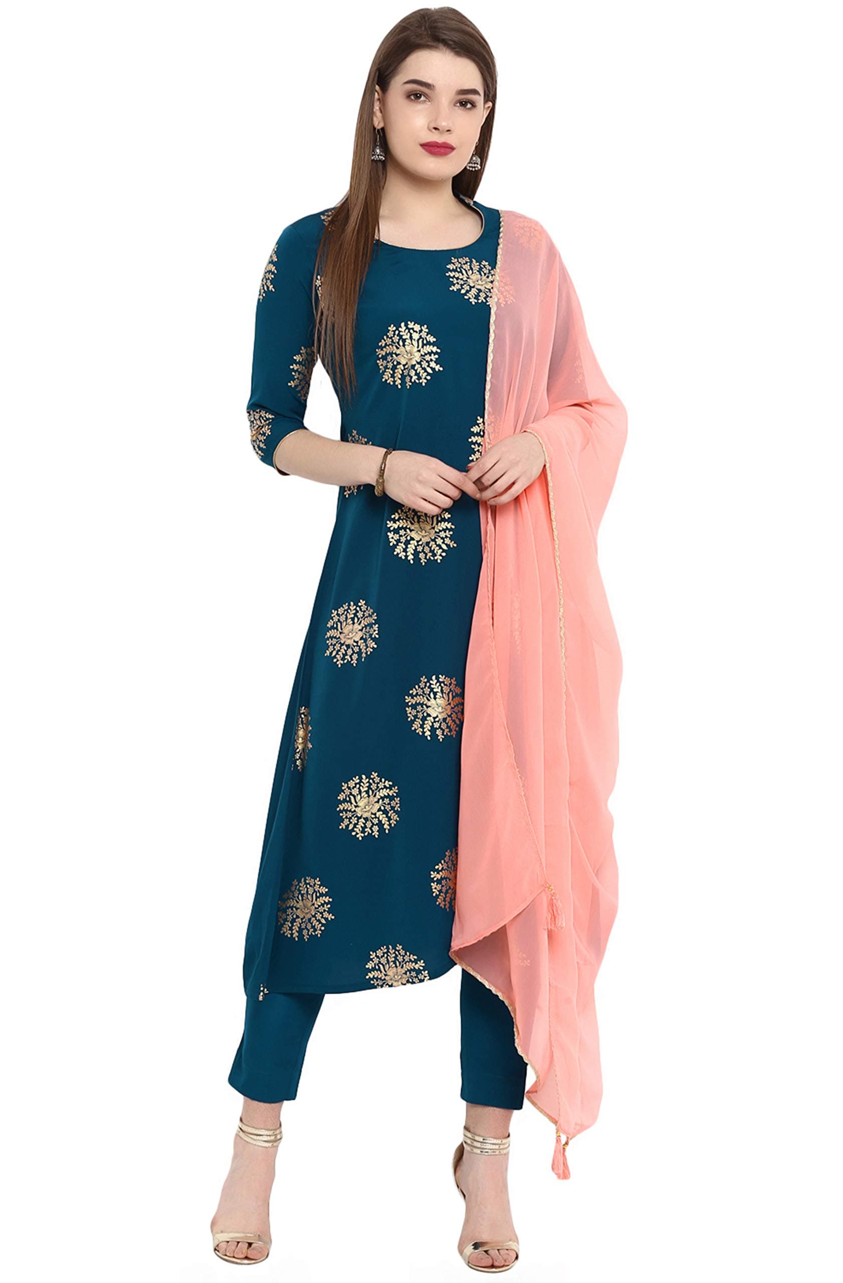 Indian Women's Teal Gold Print Festive Wear Kurta Set for Women
