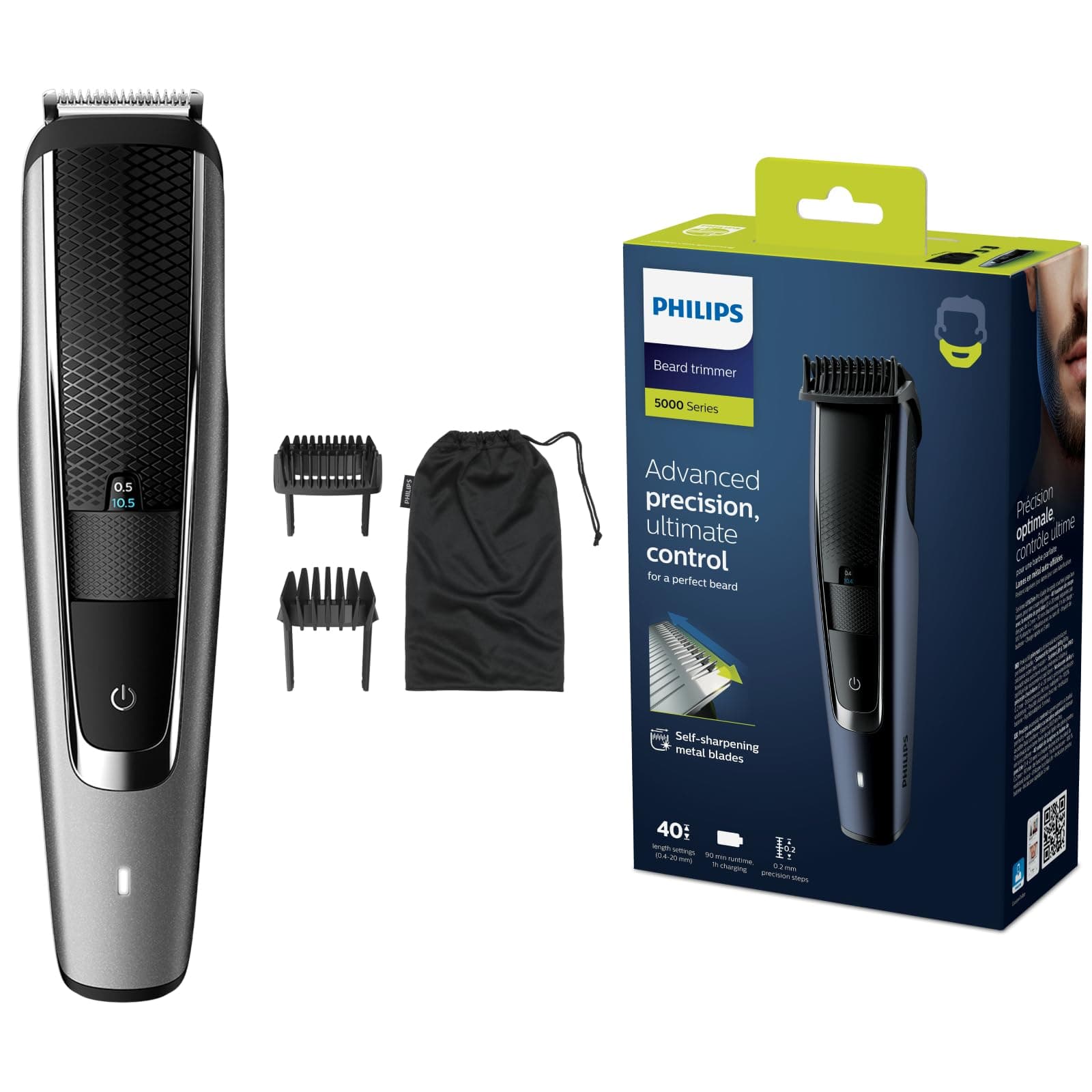 Philips Beard & Stubble Trimmer/Hair Clipper for Men, Series 5000, 40 Length Settings, Self-Sharpening Metal Blades, UK 3-Pin Plug - BT5502/13