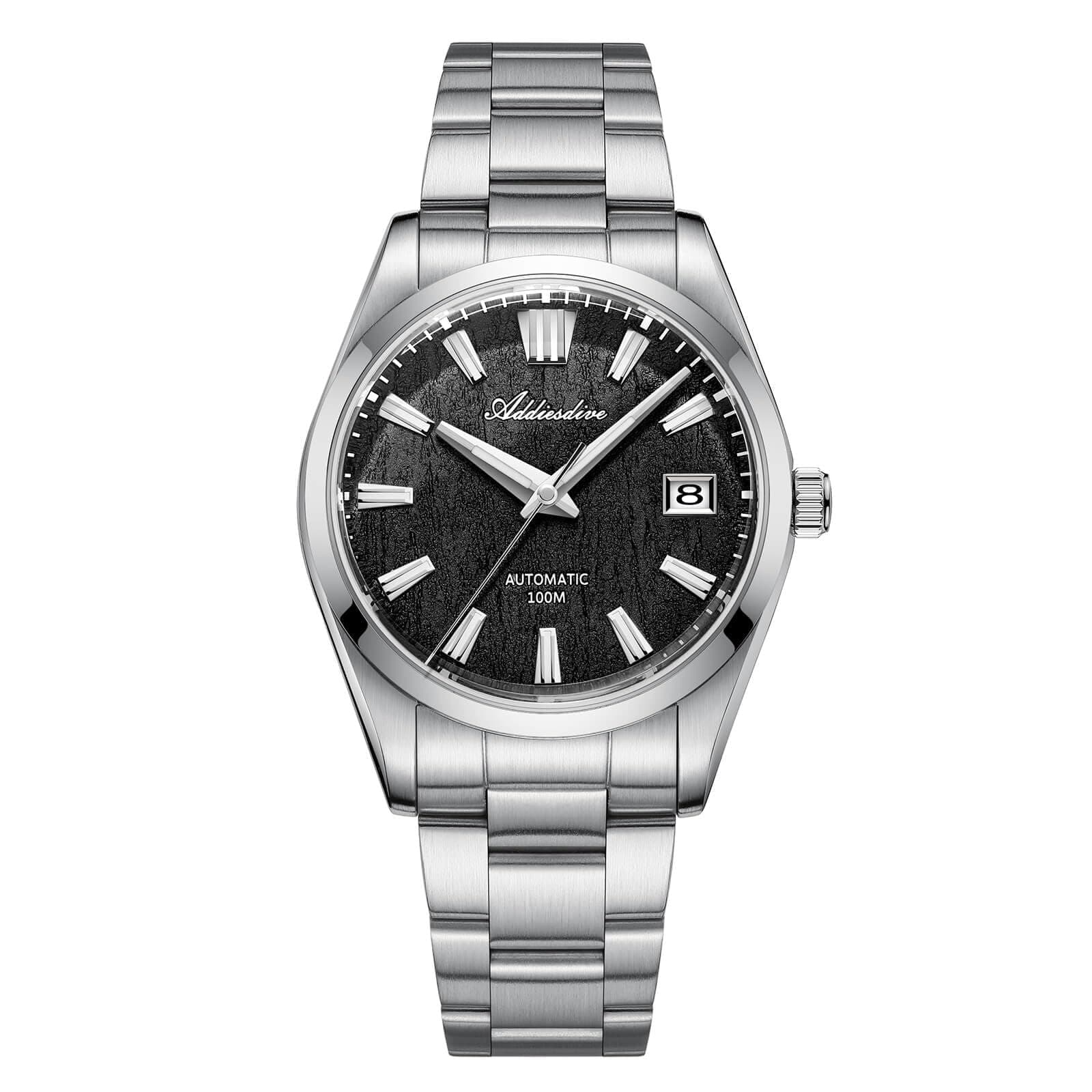 ADDIESDIVE 39mm Automatic Watches for Men - AD2075 NH35 Mechanical Movement Bark Texture Dial Sapphire Crystal Luminous Wristwatch, 100M Waterproof (Black, Silver, Stainless Steel)