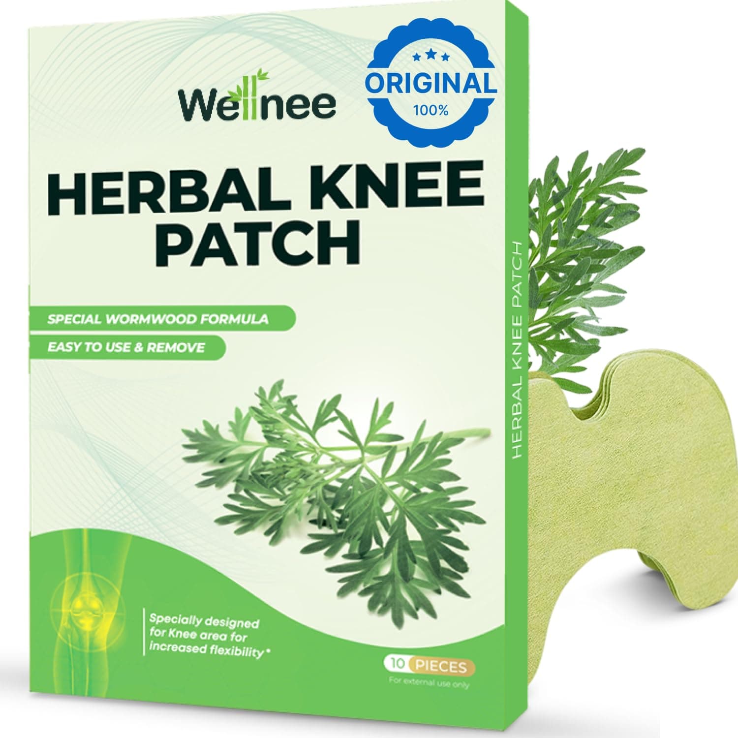 Wellnee Original Herbal Knee Patch, Maximum Strength Adhesive Heat Patches for Knee Support & Muscle Pain Relief, Natural Herbs (10 Pads (Pack of 1))