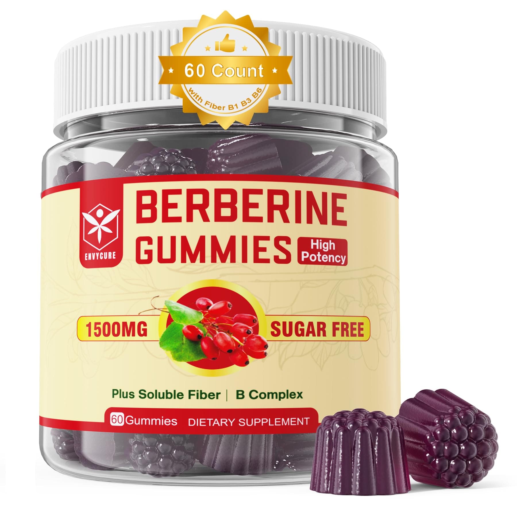 Berberine Supplement 1500mg with Soluble Fiber, B1, B3 & B6, Sugar Free Berberine HCL Gummies, High Bioavailability AMPK Activitor for Mętâbõlism Balanced, Daily Digestive & Body Mânâgęmęnt, 60 Cts