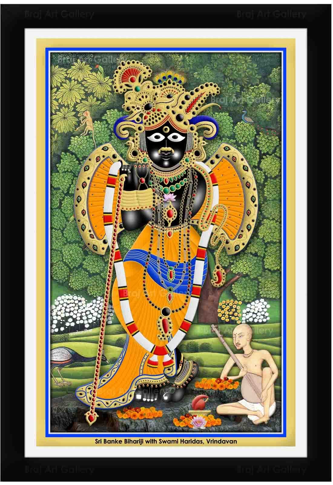 Braj Art Gallery Banke Bihari with Swami Haridas in Vrindavan Painting Photo Frame Size 13.5X19.5 Inches
