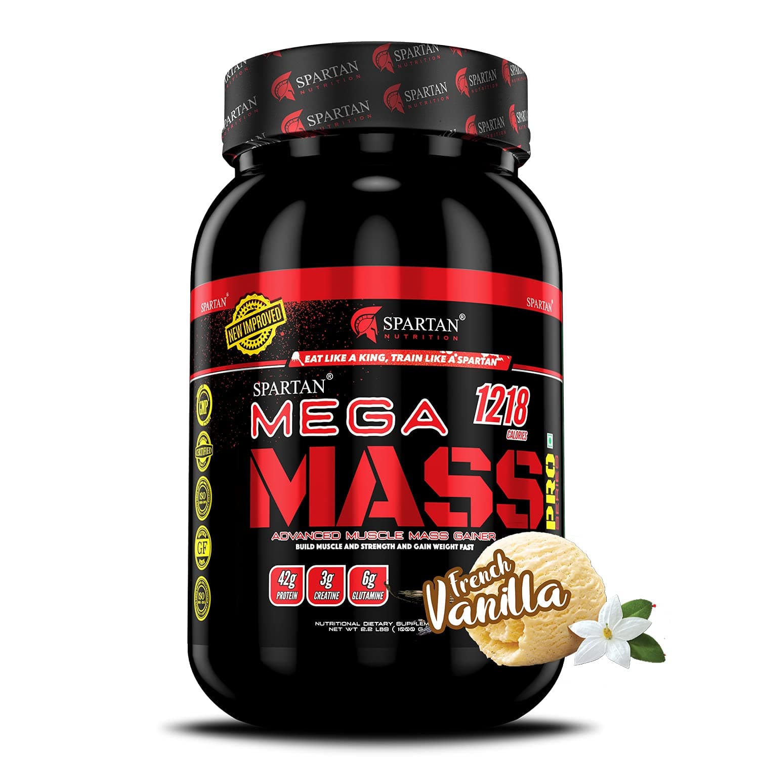 Spartan Nutrition Mega Mass Pro High Protein and High Calorie Mass Gainer / Weight Gainer Powder - 2.2 lbs, 1KG (French Vanilla) with Vitamins and Minerals