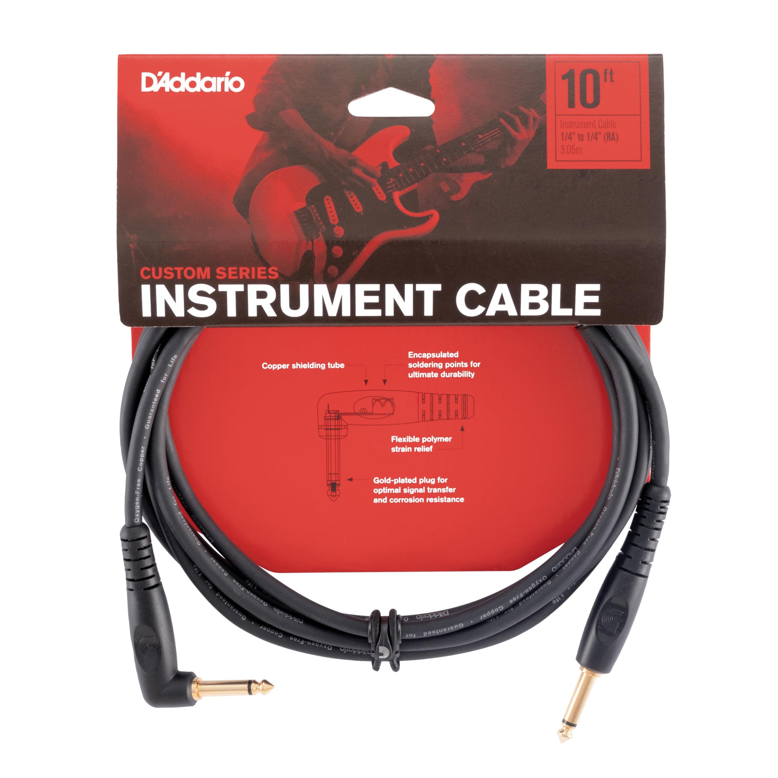 Planet Waves D'Addario Guitar Cable - Guitar Lead - Shielded Ends - 1/4 Inch Male to 1/4 Inch Male - Custom Series - 10 Feet/3.05 Meters - Straight End/Right Angle - 1 Pack