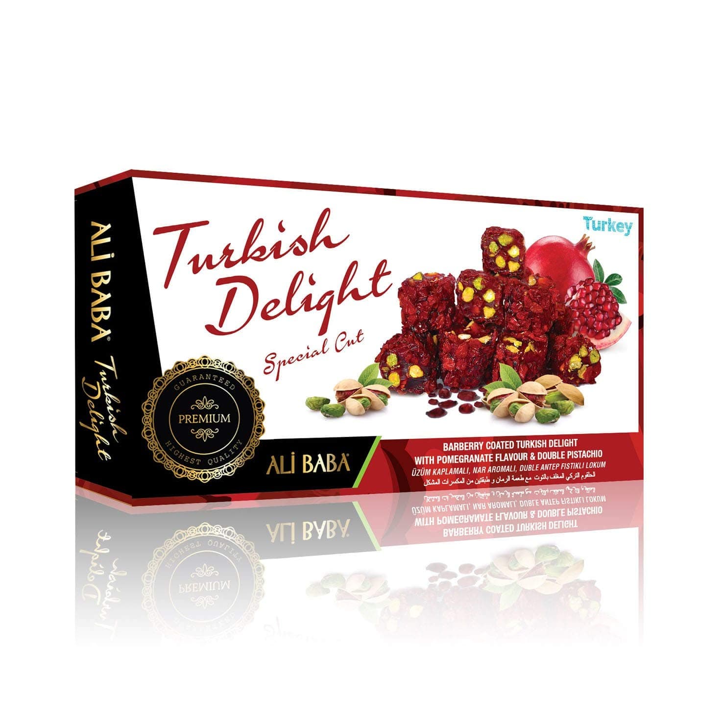 Turkish Delight with Real Rose Petal with Pomegranate Double Pistachios Gourmet Sweet Confectionery Box Candy Dessert New Finger Cut 1 LB ALI BABA