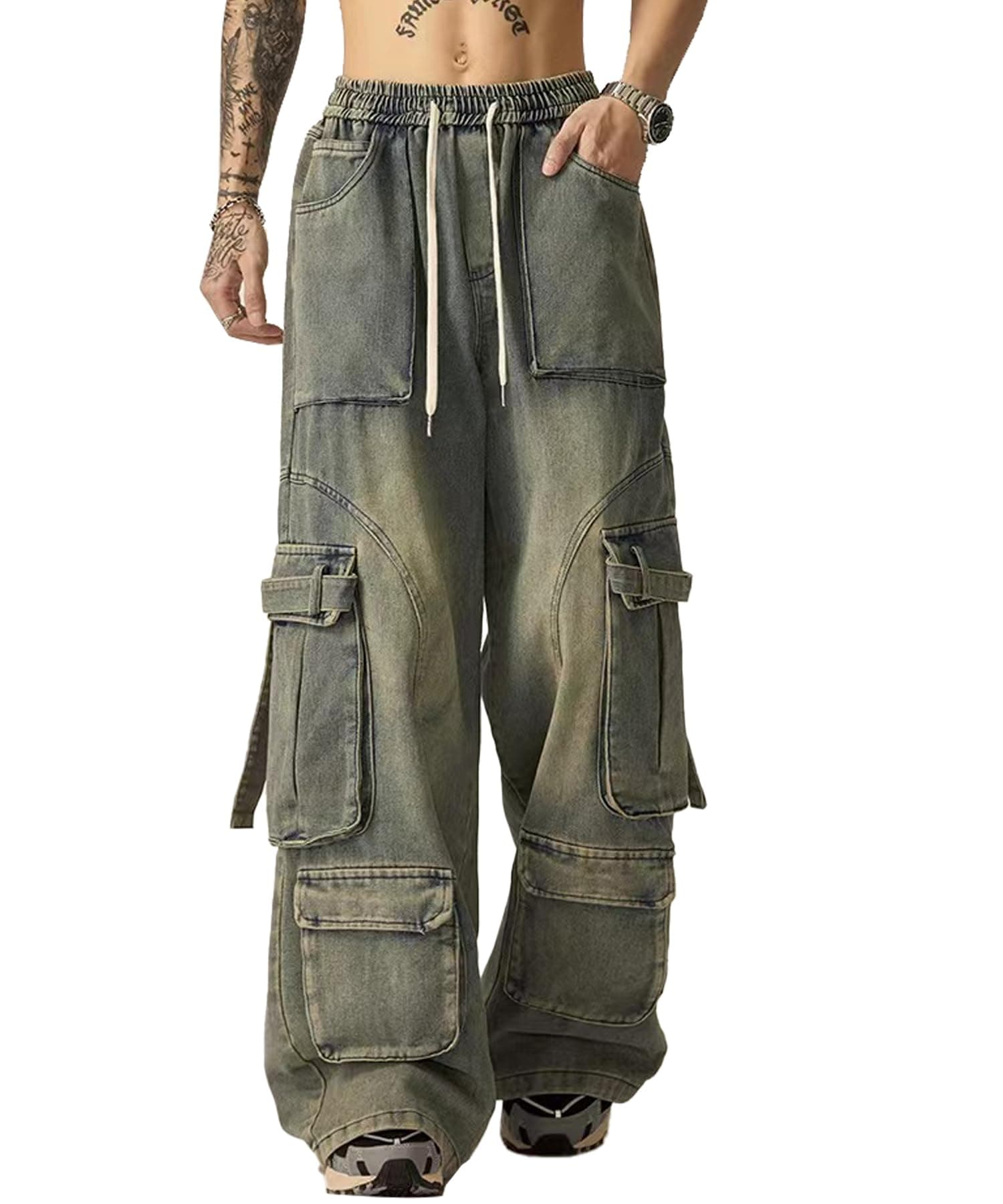 Bakyarder Men's Vintage Washed Cargo Jeans, High Waist, Baggy Wide Leg, Unisex Streetwear with Multiple Pockets