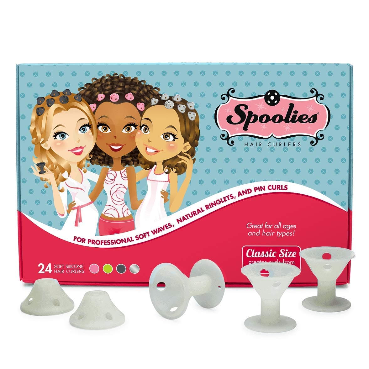 Original Hair Curlers, Heatless Silicone Rollers for Natural Hair, Hair Extensions plus Wigs, Made in USA, 24 Medium Size (Glow-in-the-Dark)