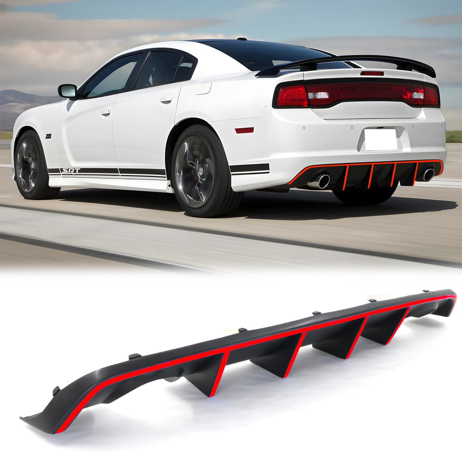 - FREEMOTOR802 Compatible with 2012-2014 Dodge Charger SRT8 Rear Diffuser w/Red Reflective Tape, V2 Style PP Rear Air Dam Chin Bumper Lip Bodykit with Red Visible Safety Tape, 2013