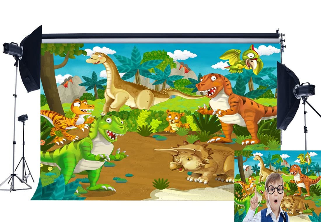 Haosphoto Vinyl 5X3FT Dinosaur Backdrop for Photography Zoo Trees Green Grass Meadow Blue Sky White Cloud Cartoon Background Sweet Baby Shower Boys Kids Happy Birthday Party Photo Studio Props YX284