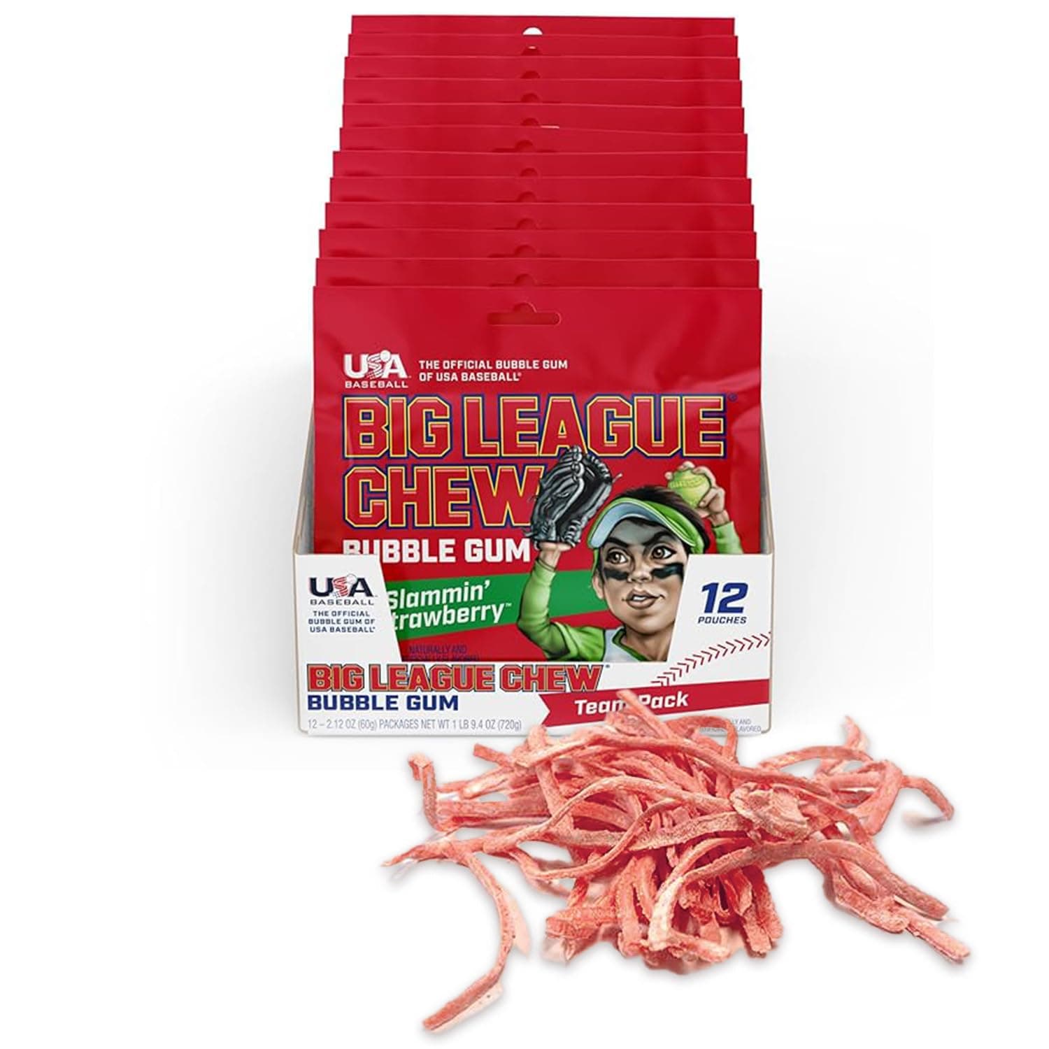 Slammin' Strawberry Bubble Gum - Sweet Strawberry Sensation | Perfect for Baseball Games, Teams, Concessions, Parties, and More | Pack of 12 Bags (2.12oz Each)