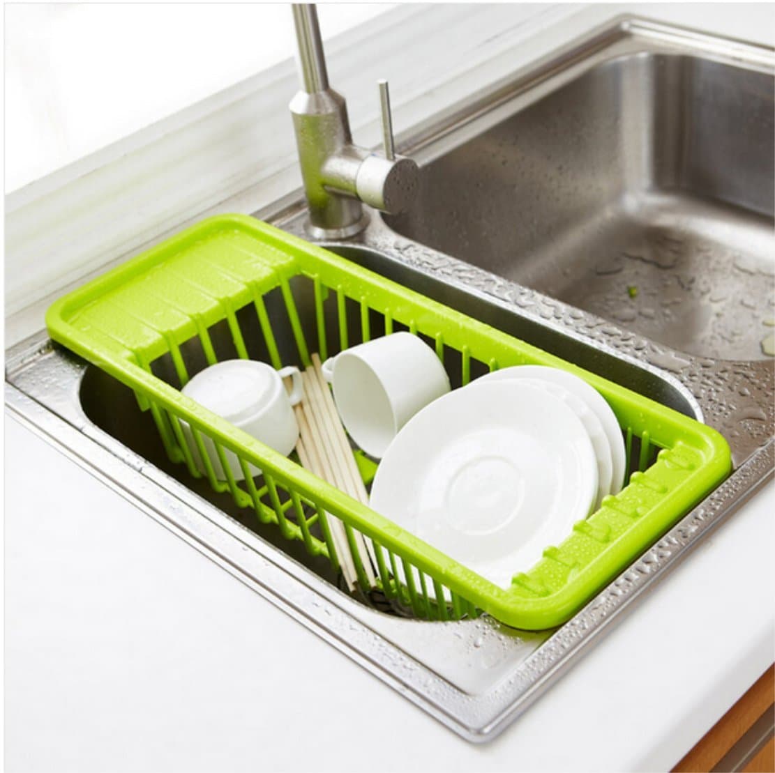 Kitchen Sink Drain Rack cutlery shelving treatment of fruits and vegetables New Compact Dish Rack Set Drying Utensil Drainer(green)