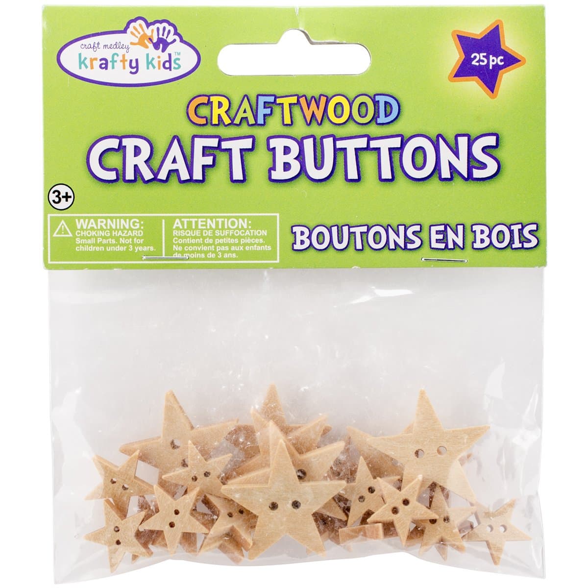 Multicraft Imports CW342-A Craftwood Stars Shaped Buttons (25 Pack), 13mm to 27mm